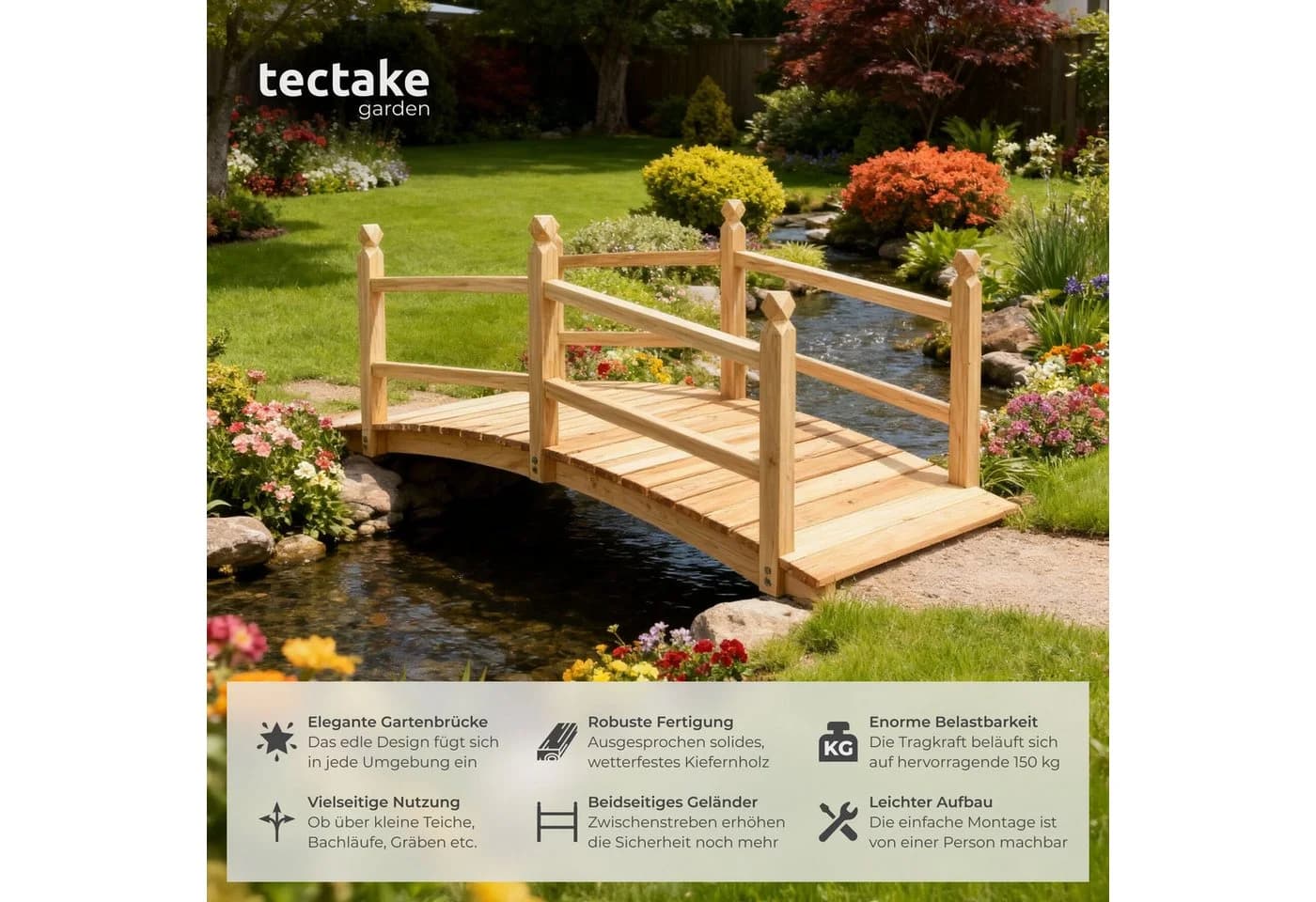 tectake Gartenbrücke aus Holz mit Geländer - Bild 2