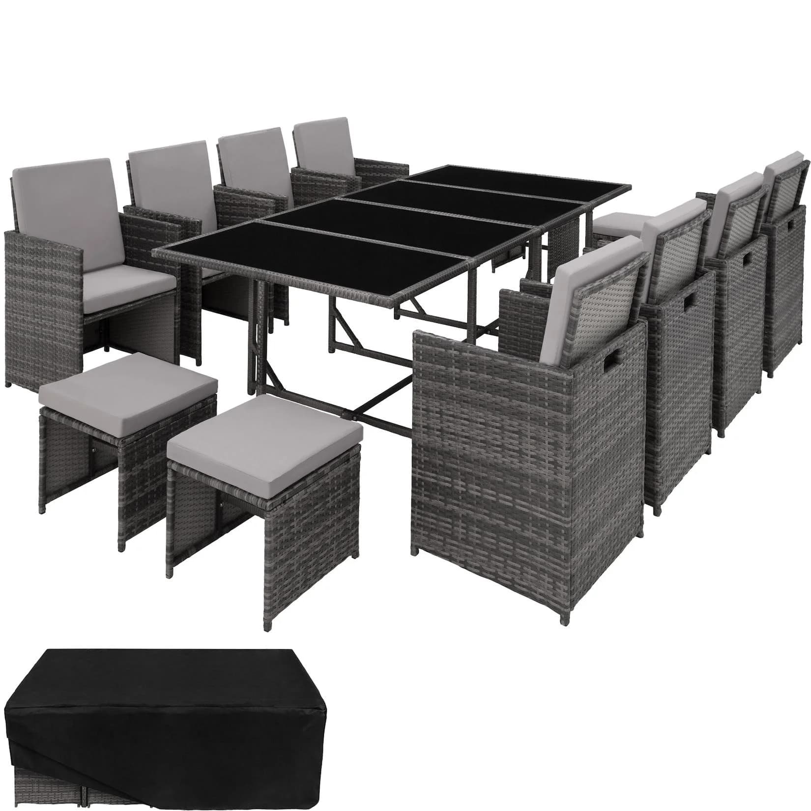 TECTAKE Sitzgruppe Rattan 12-tlg. Grau Poly Rattan Würfelsystem