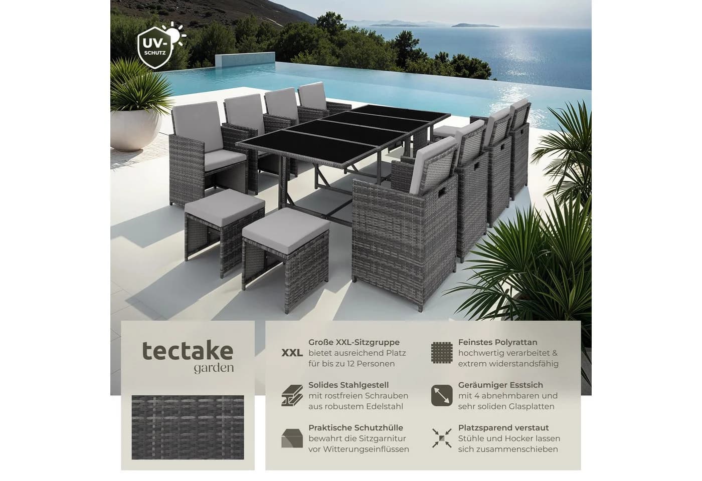 TECTAKE Sitzgruppe Rattan 12-tlg. Grau Poly Rattan Würfelsystem - Bild 2