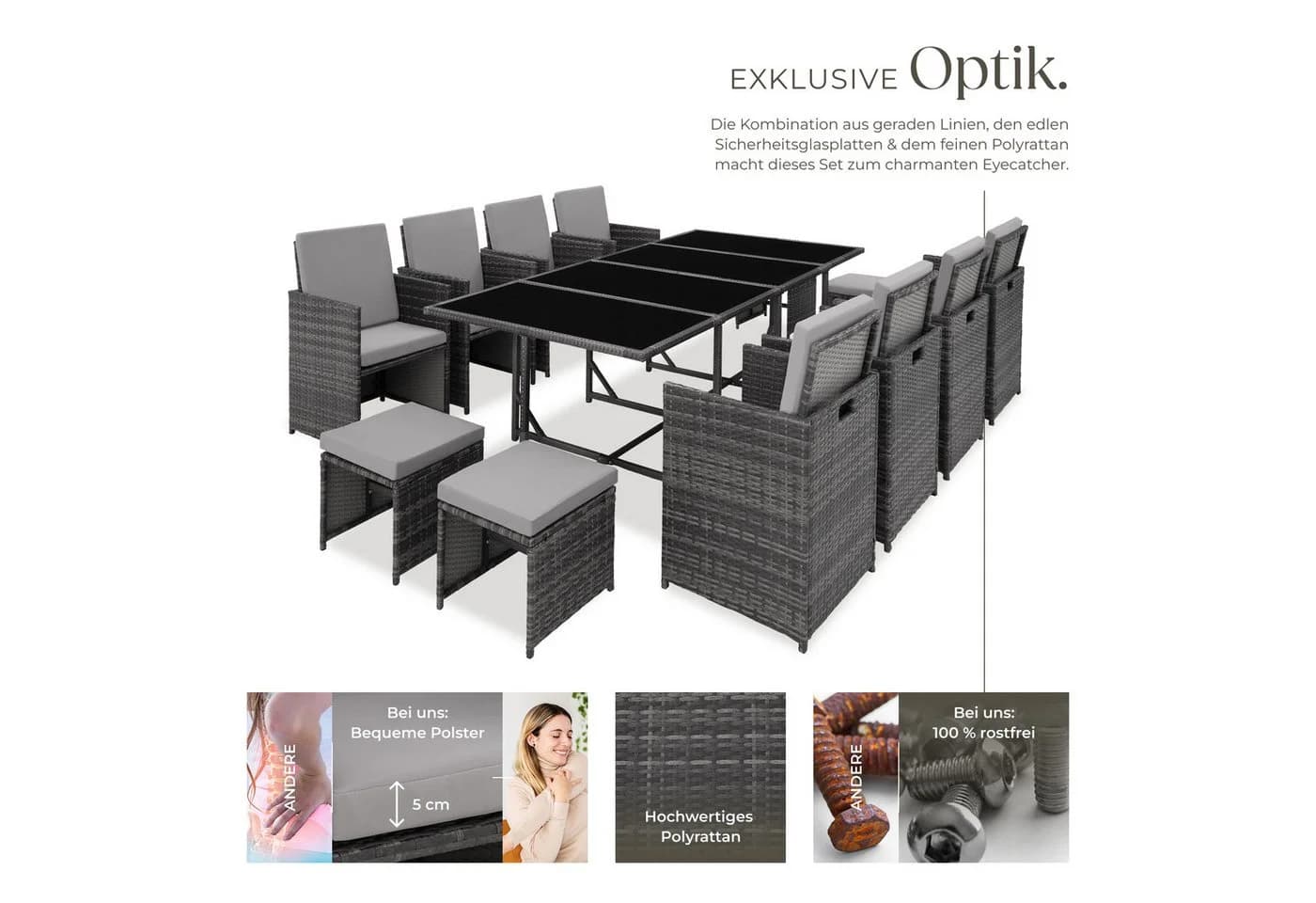 TECTAKE Sitzgruppe Rattan 12-tlg. Grau Poly Rattan Würfelsystem - Bild 4