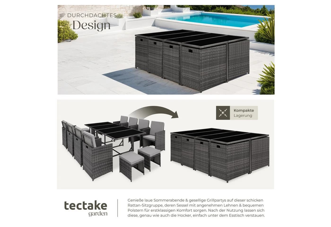 TECTAKE Sitzgruppe Rattan 12-tlg. Grau Poly Rattan Würfelsystem - Bild 5