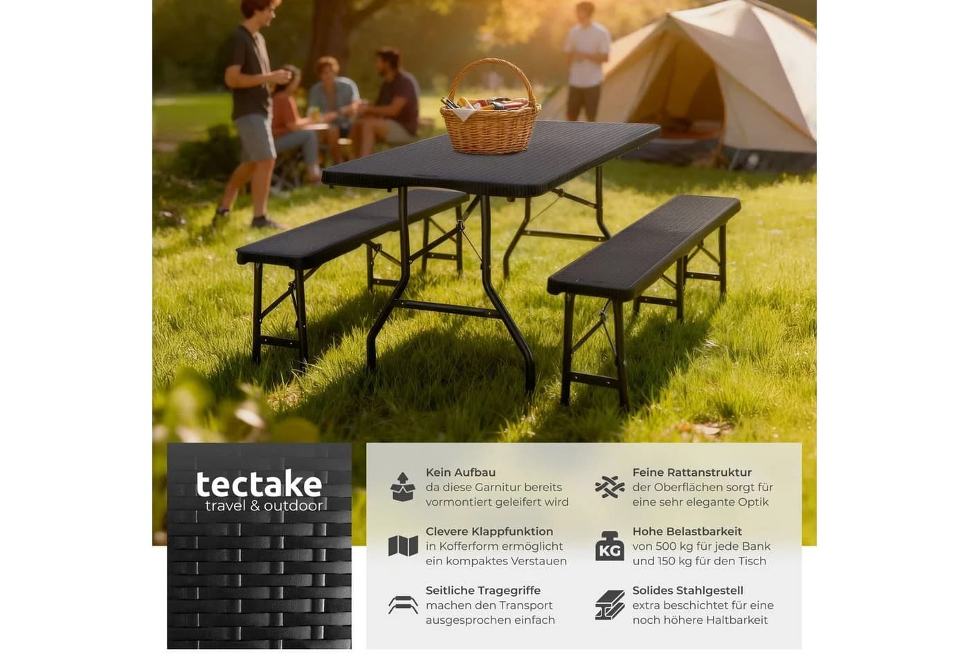 tectake Campingtisch Vani 3-tlg. Klappgarnitur mit Rattanoptik - Bild 2