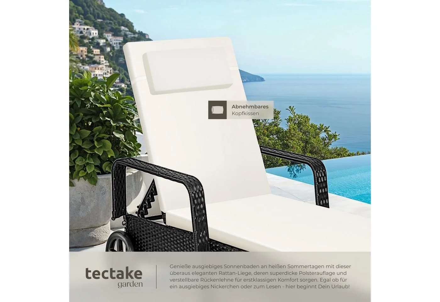 tectake Gartenliege Rattan Schwarz/Beige mit verstellbarer Lehne - Bild 5