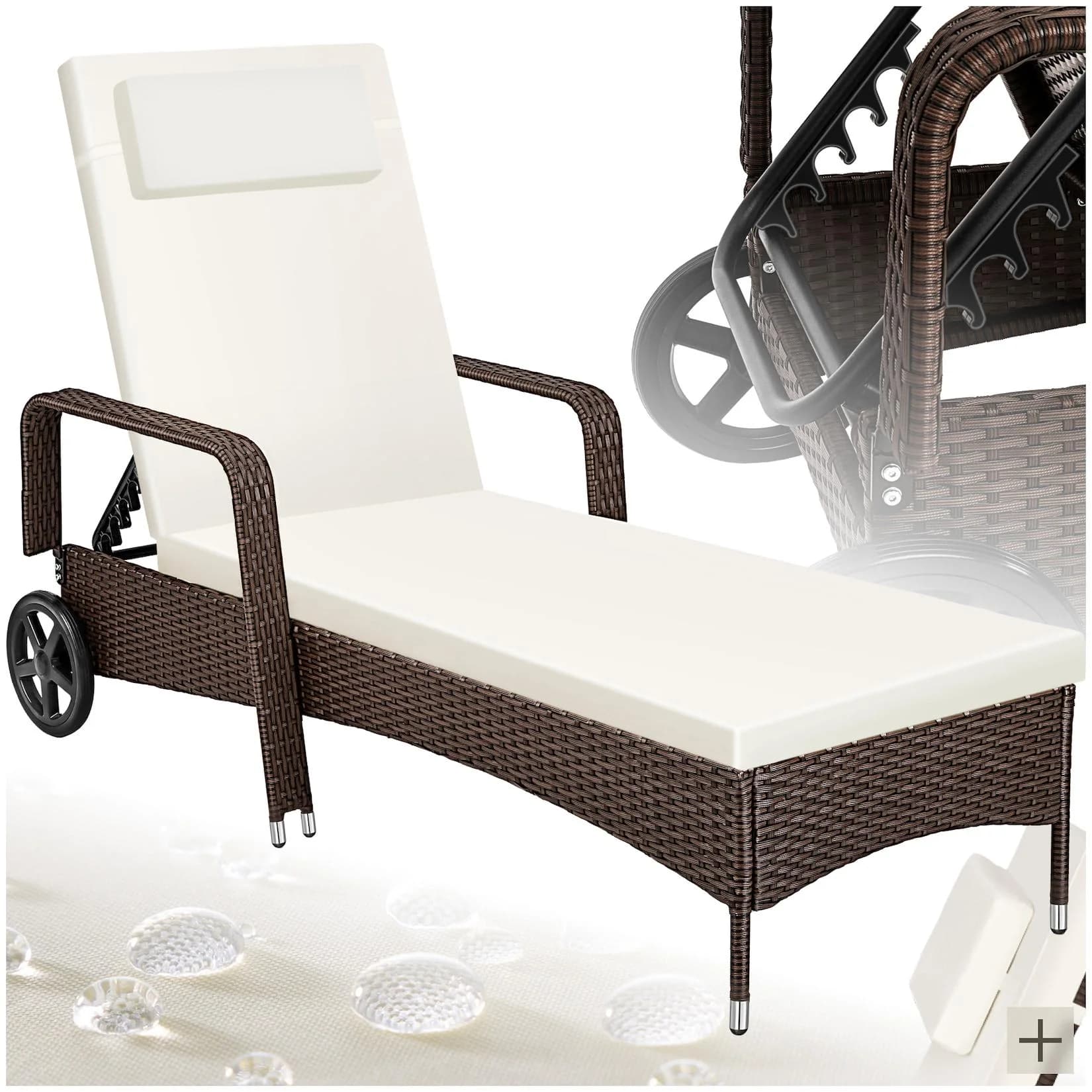 tectake Gartenliege Rattan mit verstellbarer Rückenlehne und Rädern