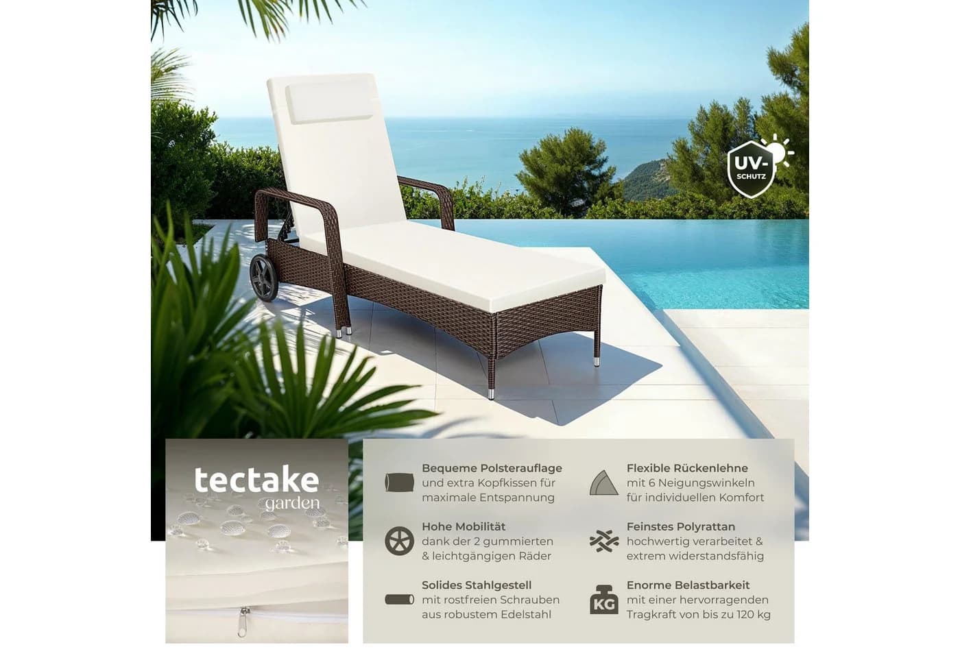 tectake Gartenliege Rattan mit verstellbarer Rückenlehne und Rädern - Bild 2