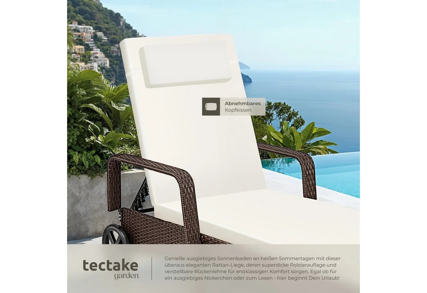 tectake Gartenliege Rattan mit verstellbarer Rückenlehne und Rädern - Bild 5
