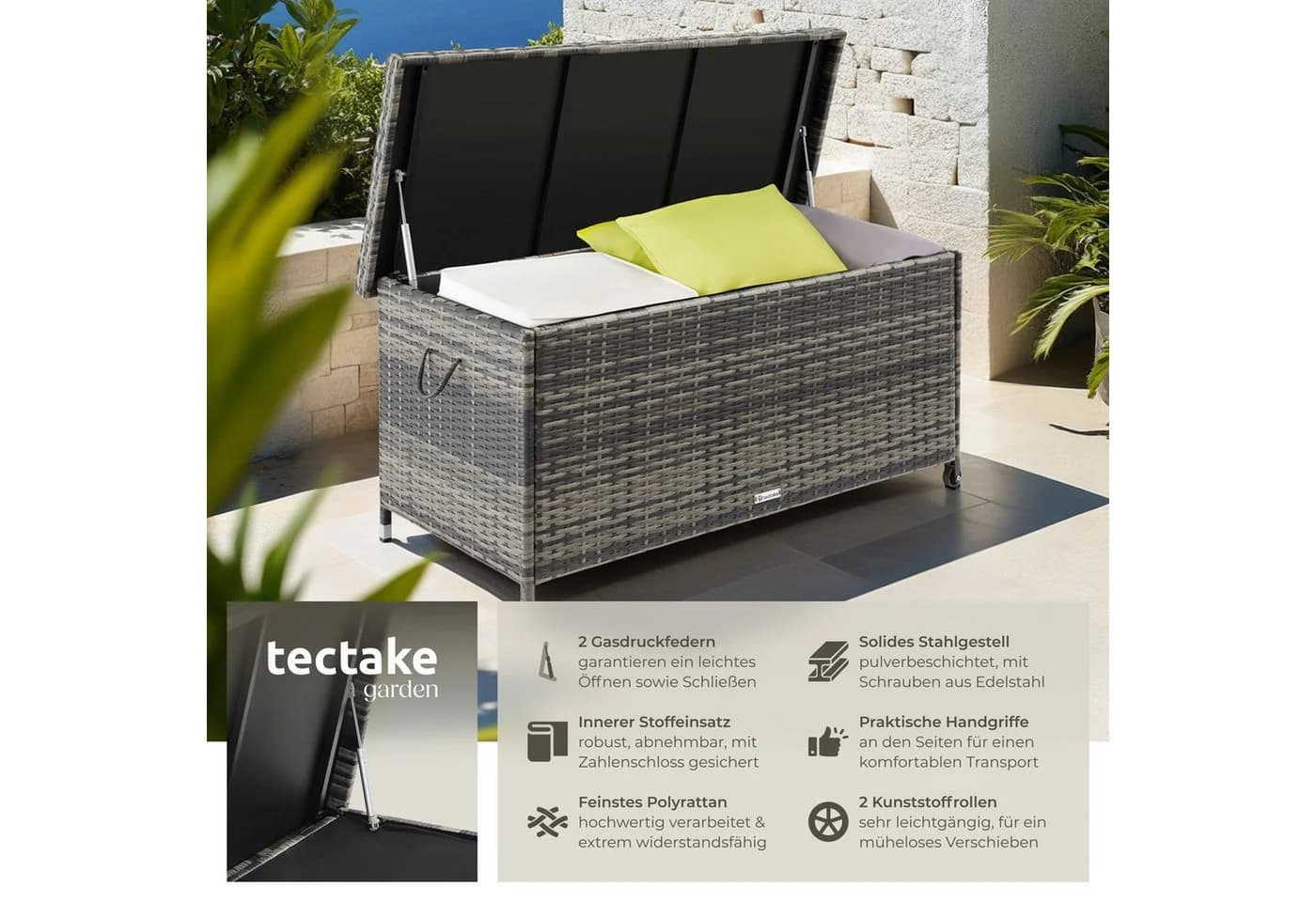 tectake Gartenbox Auflagenbox 270L Grau Polyrattan mit Rollen - Bild 2