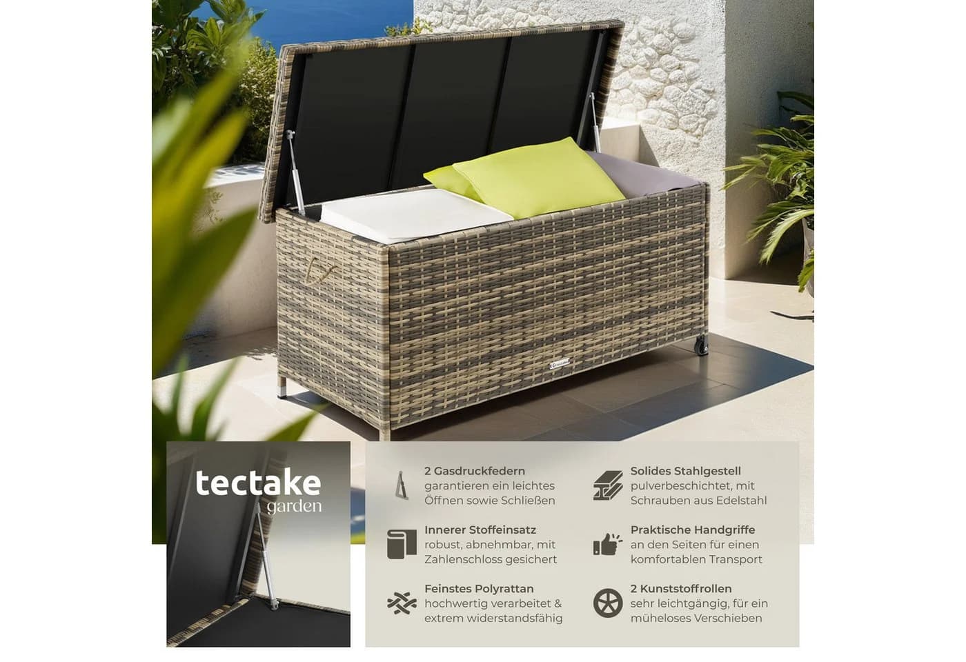 tectake Gartenbox Kiruna 270L mit Rattangeflecht und Rollen - Bild 2