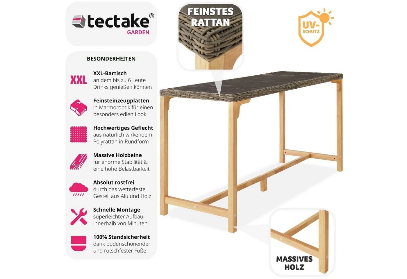 tectake Gartentisch Rattan Bartisch Natur Aluminium - Bild 2