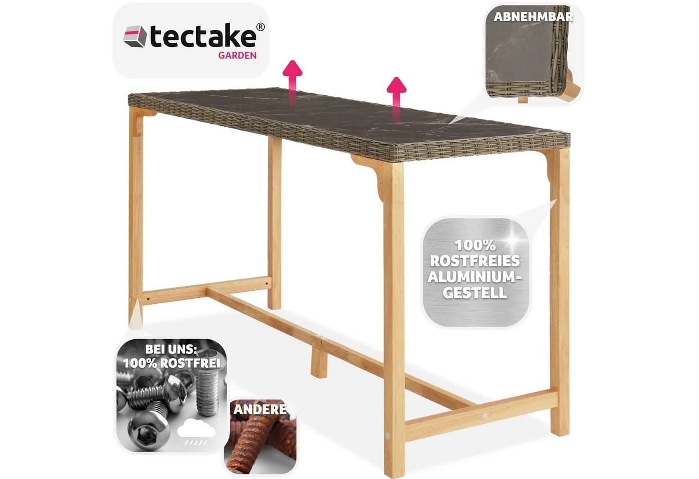 tectake Gartentisch Rattan Bartisch Natur Aluminium - Bild 4