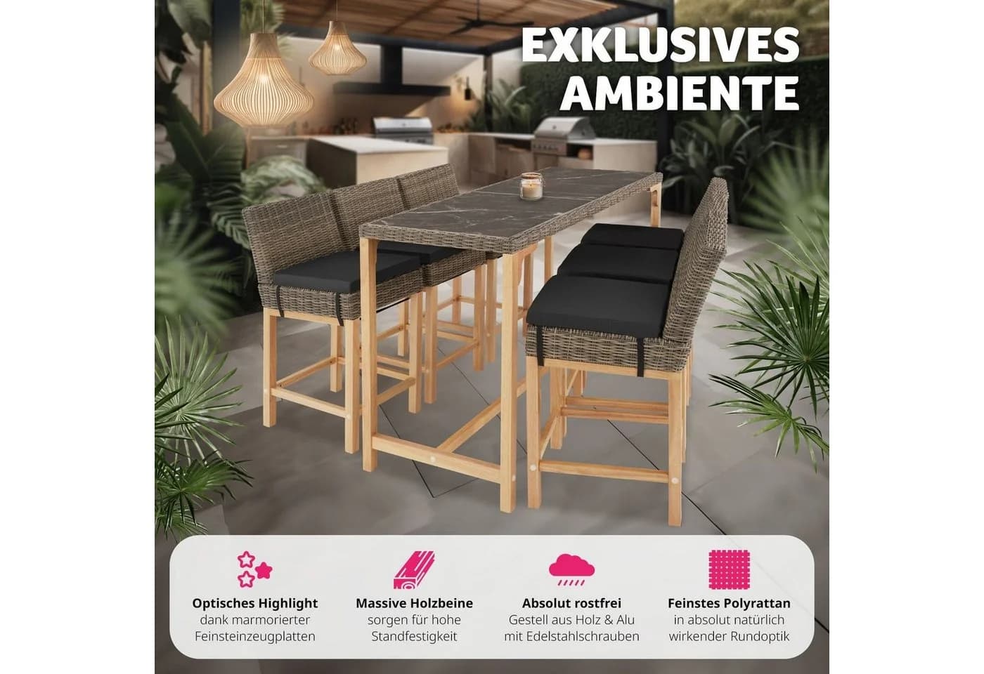 tectake Gartentisch Rattan Bartisch Natur Aluminium - Bild 5