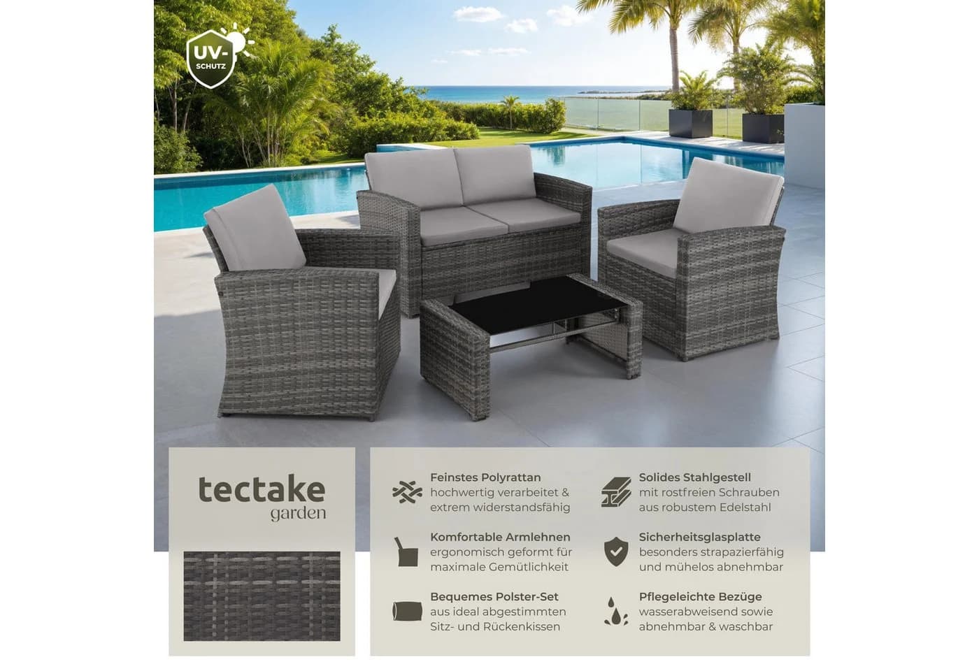 tectake Loungeset Rattan 5-tlg. Grau UV-beständig mit Kissen - Bild 2