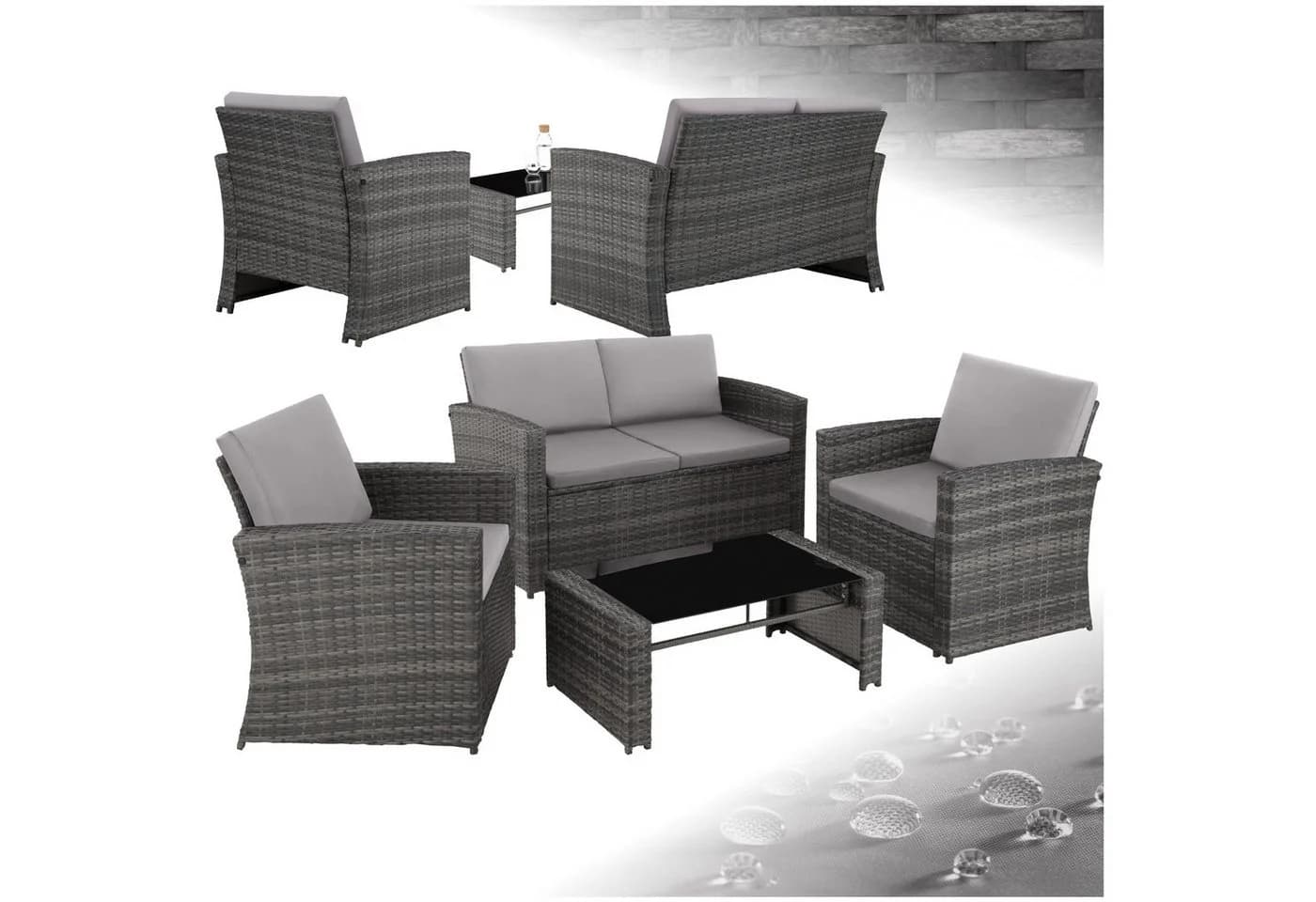 tectake Loungeset Rattan 5-tlg. Grau UV-beständig mit Kissen - Bild 3