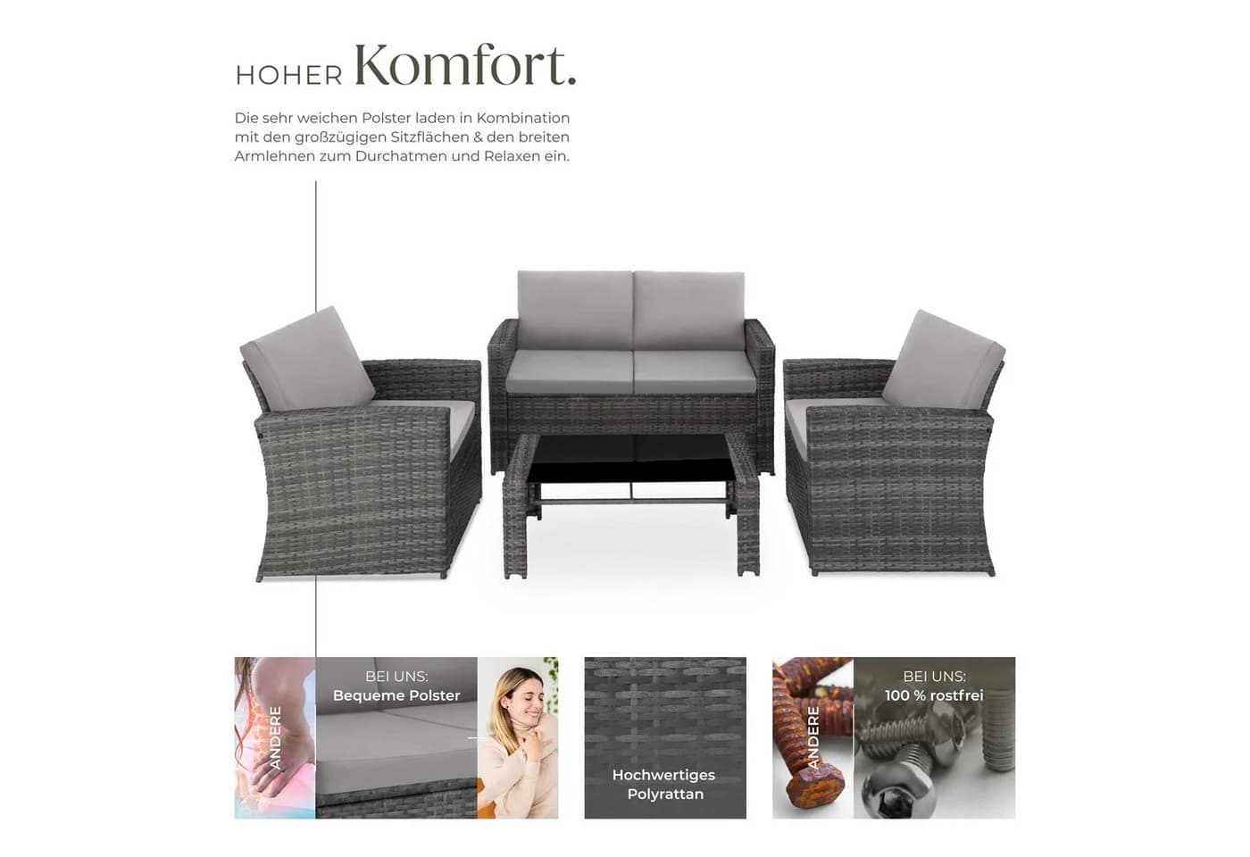 tectake Loungeset Rattan 5-tlg. Grau UV-beständig mit Kissen - Bild 4