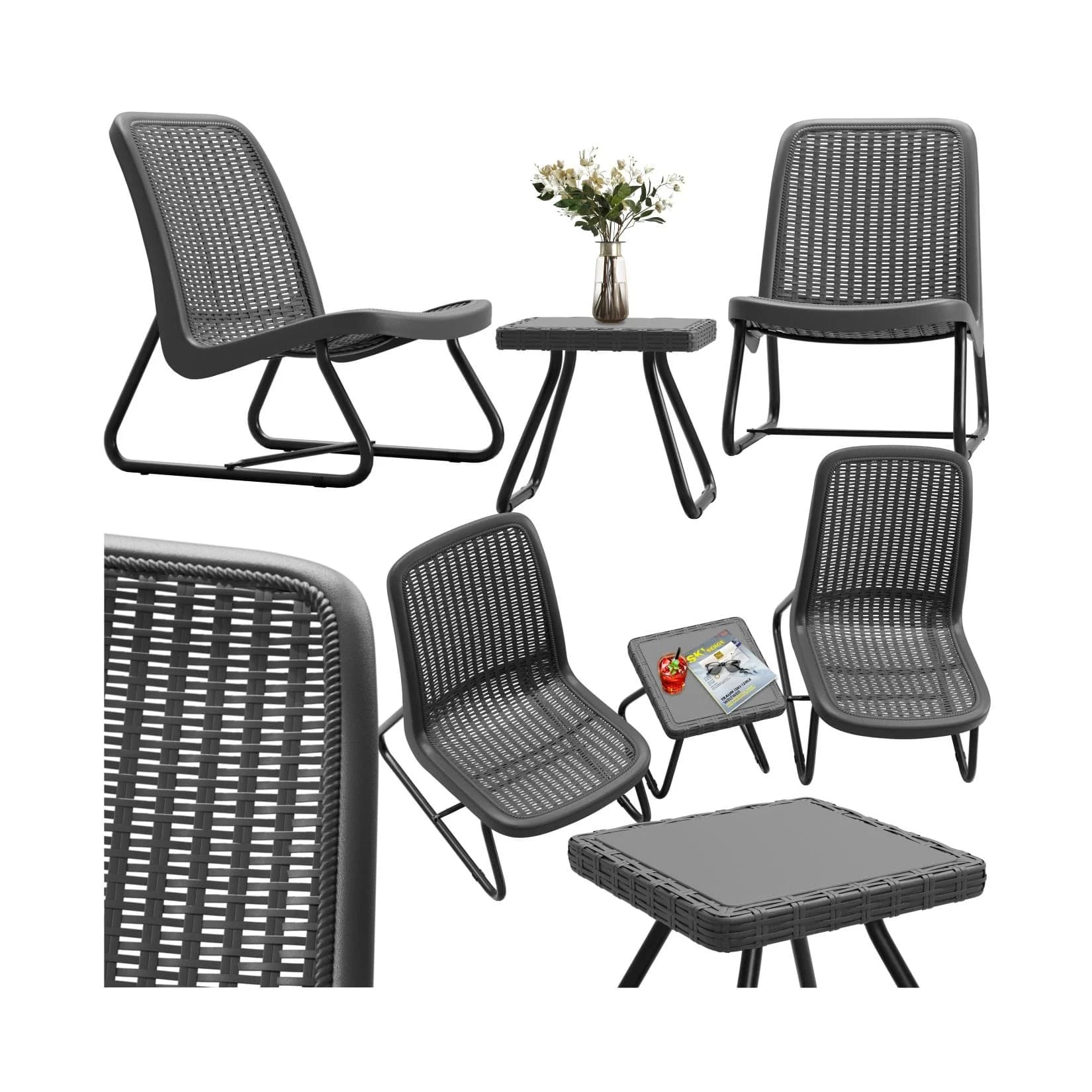 tectake Sitzgruppe Modica 3-tlg. Rattanoptik Grau Stahl