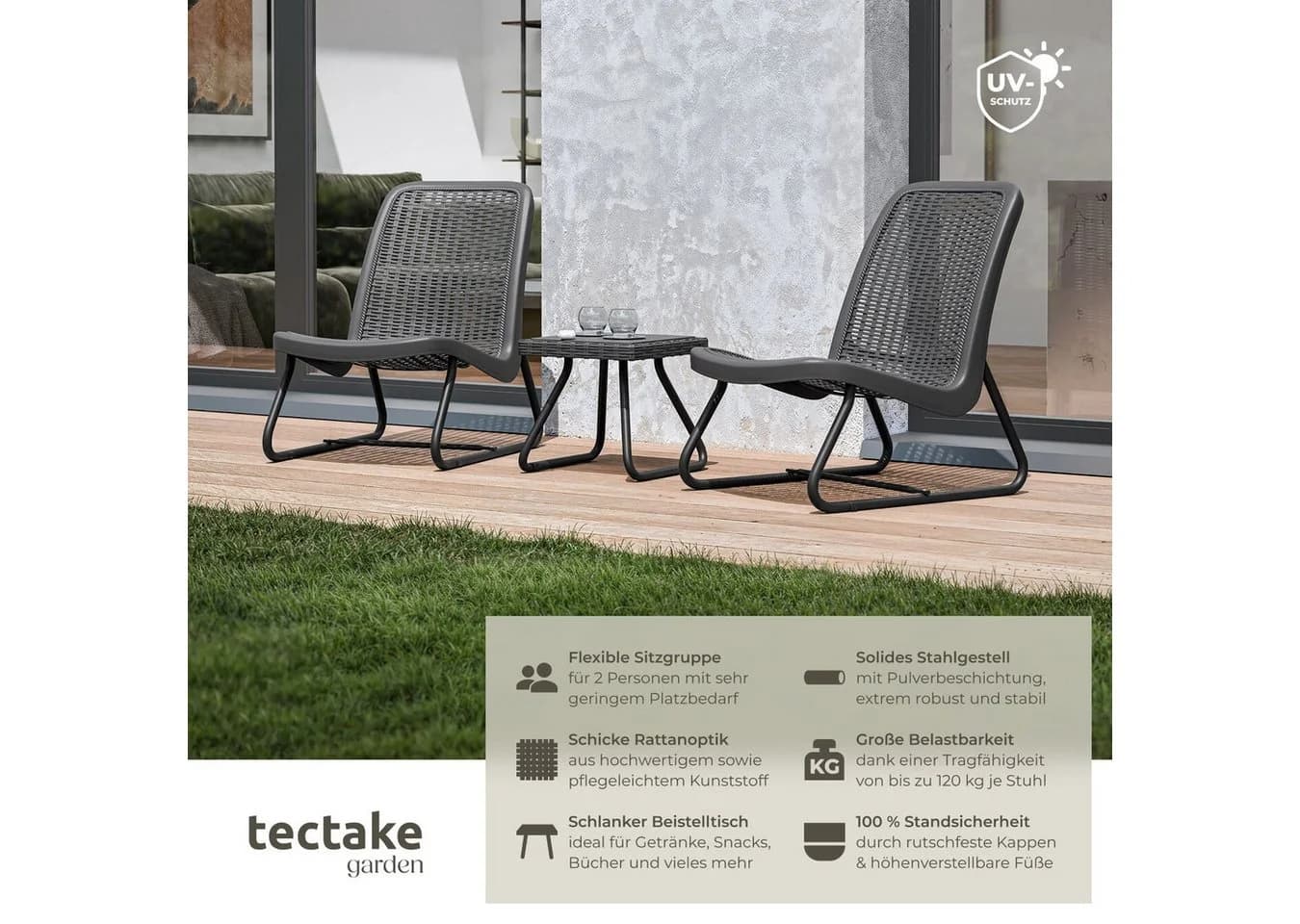 tectake Sitzgruppe Modica 3-tlg. Rattanoptik Grau Stahl - Bild 2