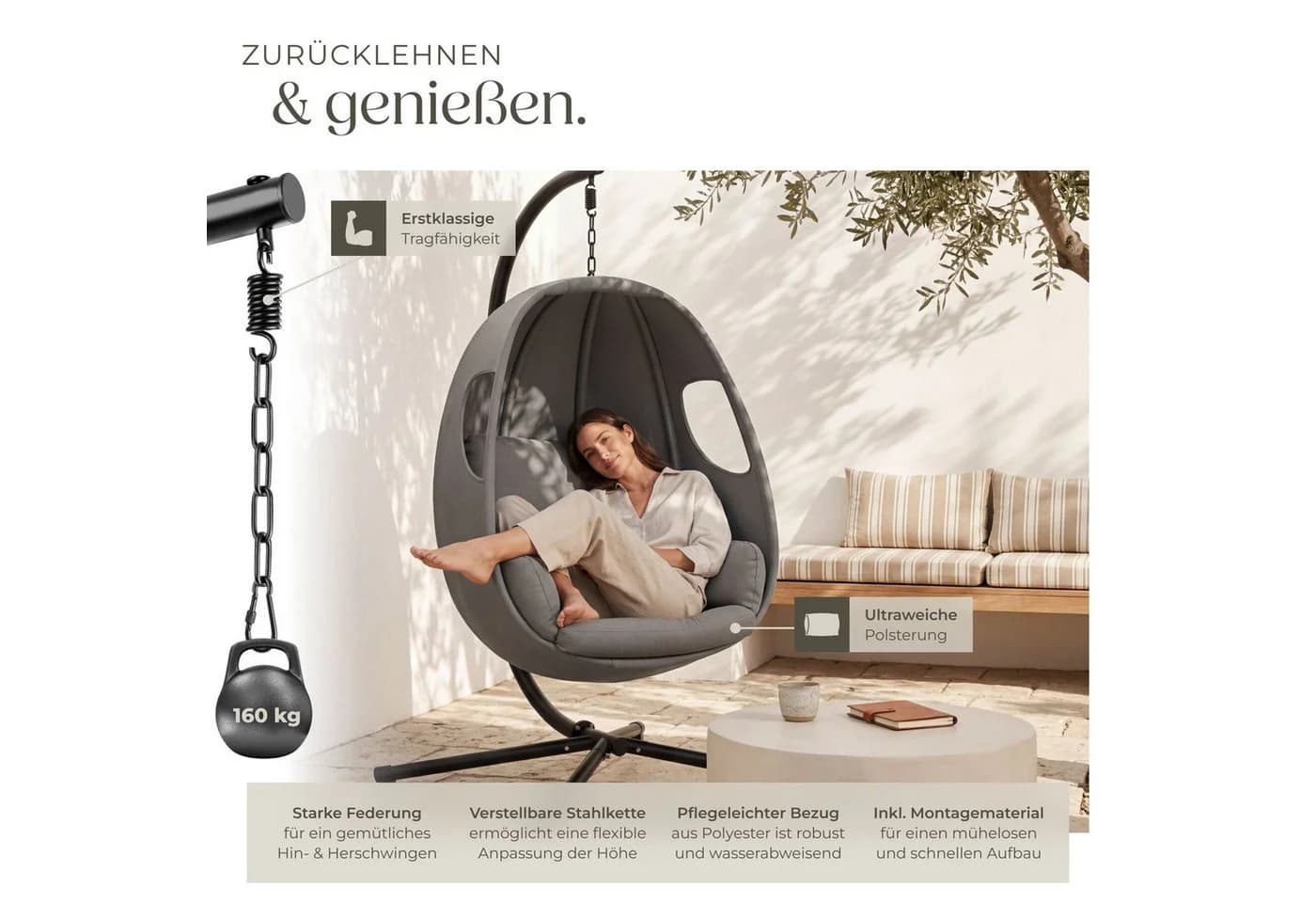 TECTAKE Hängesessel Anika Grau Höhenverstellbar mit Waschbarem Kissen - Bild 5