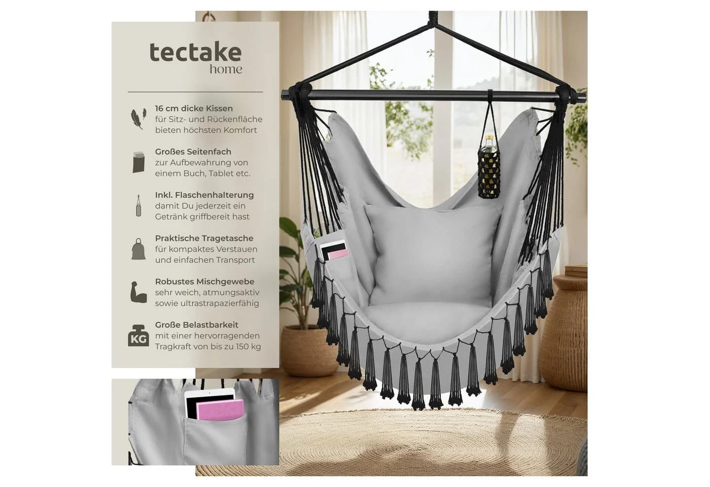 TECTAKE Hängesessel Malika Grau mit Kissen & Bücherfach