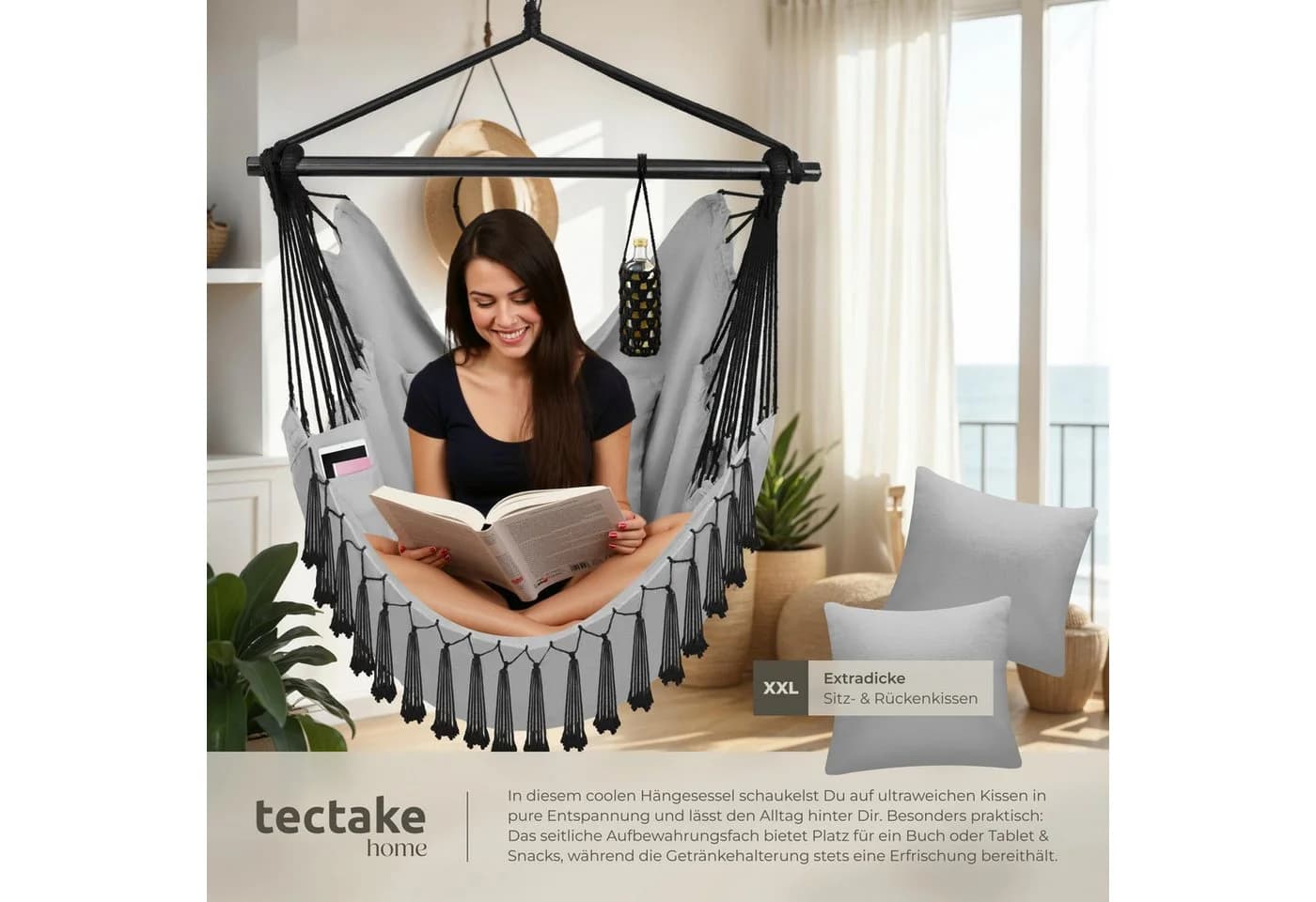 TECTAKE Hängesessel Malika Grau mit Kissen & Bücherfach - Bild 4