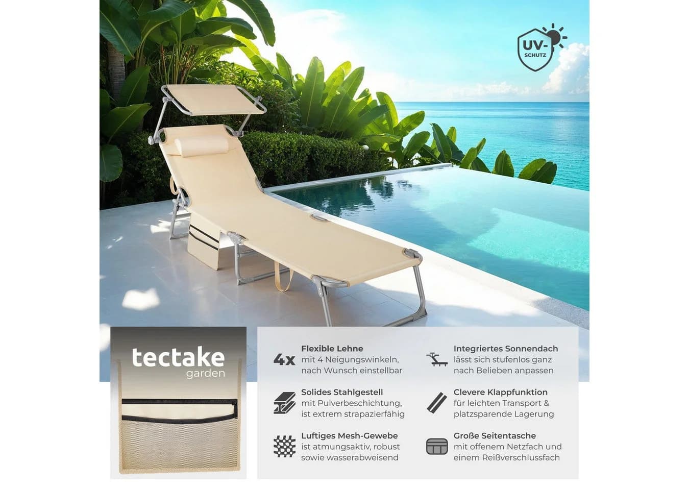 tectake Gartenliege Chloé Beige mit Sonnendach und Seitentasche