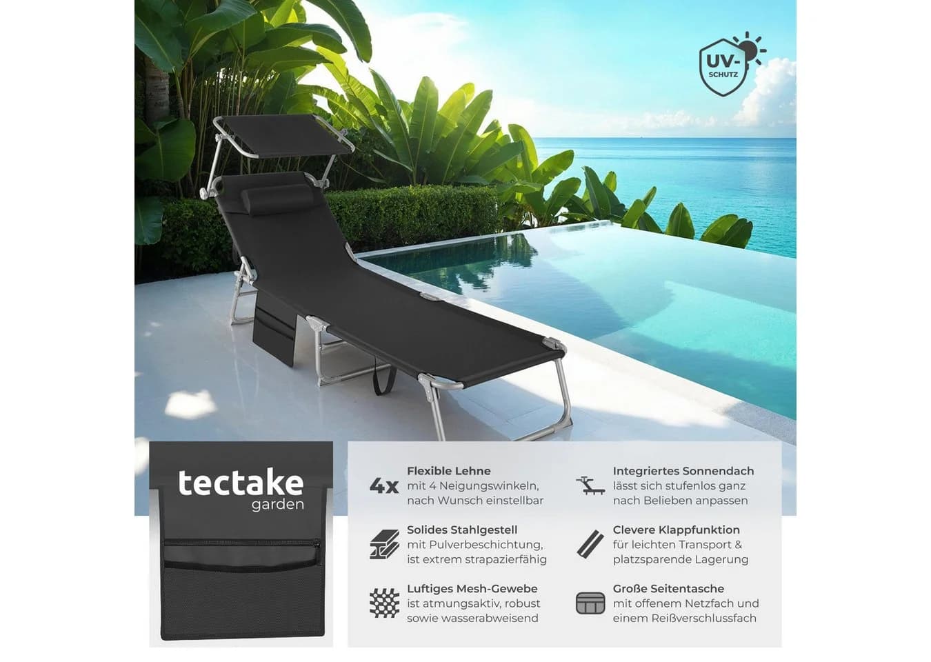 tectake Gartenliege Chloé Schwarz Klappbar Verstellbar