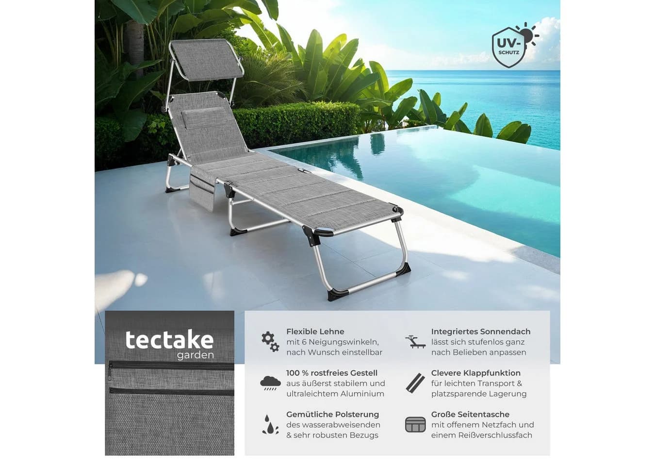 tectake Aluminium Sonnenliege Lorella mit verstellbarer Rückenlehne und Kissen - Bild 2