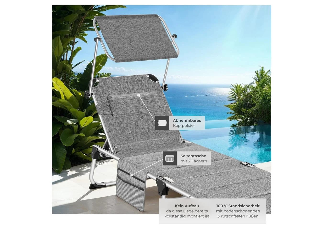 tectake Aluminium Sonnenliege Lorella mit verstellbarer Rückenlehne und Kissen - Bild 5