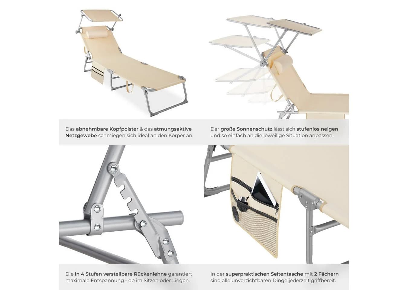 tectake Gartenliege Chloé Beige Klappbar mit Kopfpolster - Bild 5