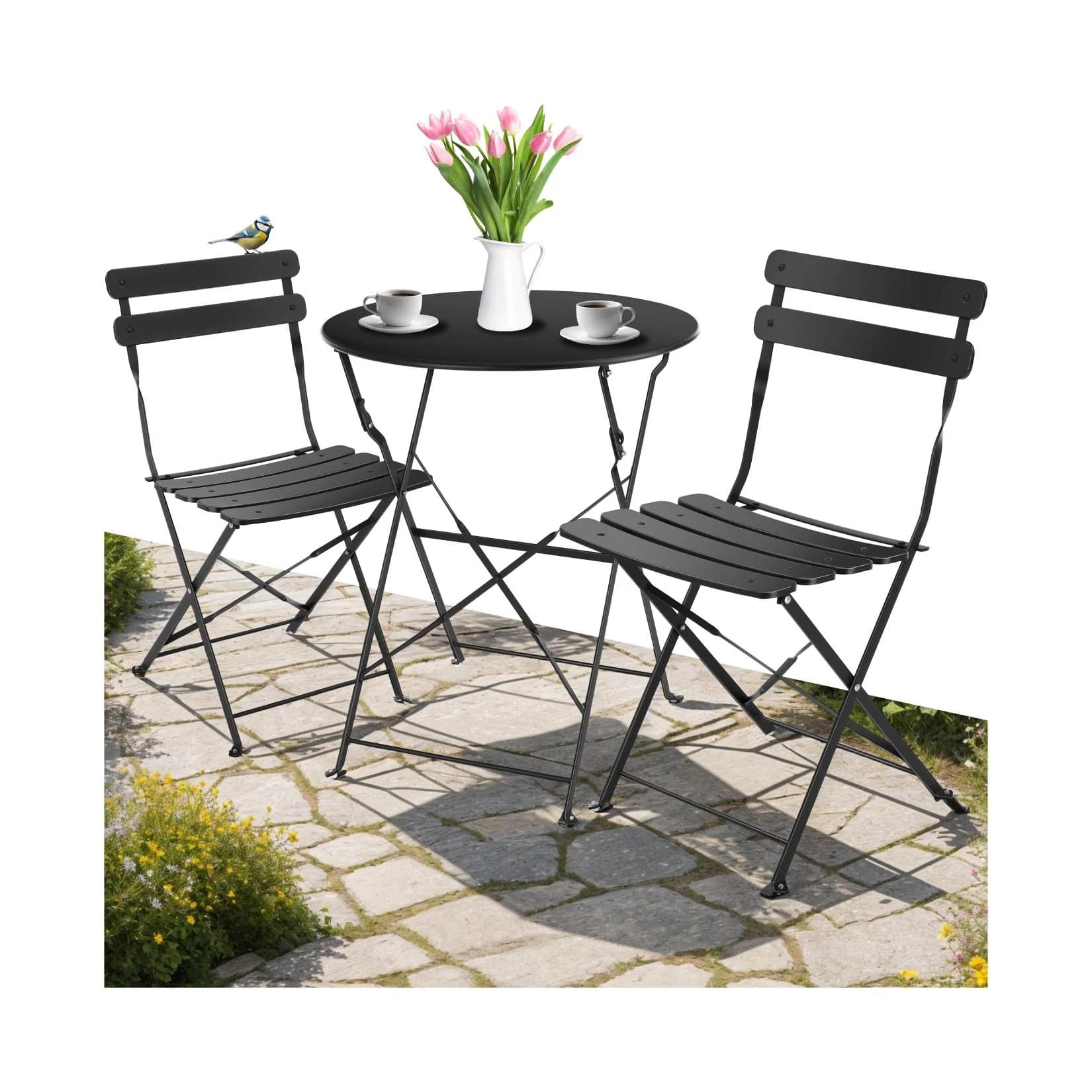 tectake Essgruppe Bistrotisch Set 3-tlg. Schwarz Pulverbeschichteter Stahl