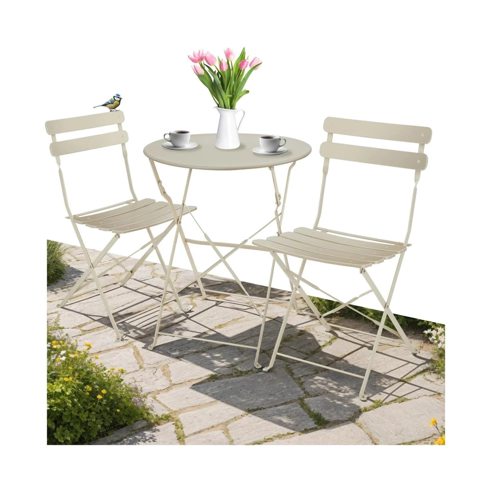 tectake Bistrotisch Set 3-tlg. Beige Klappbar Stahl