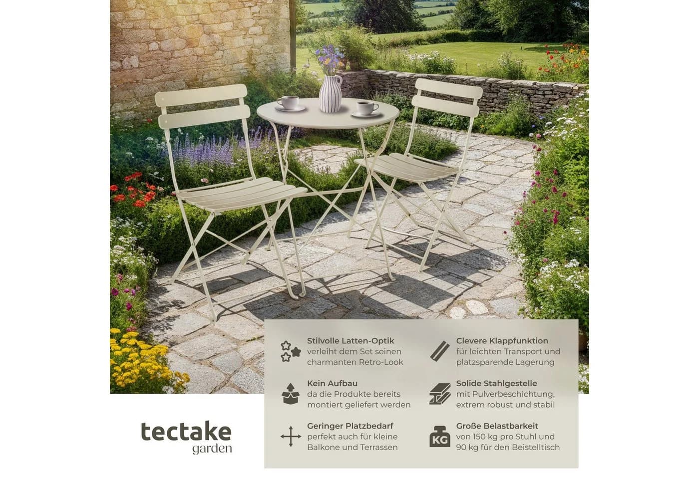 tectake Bistrotisch Set 3-tlg. Beige Klappbar Stahl - Bild 2