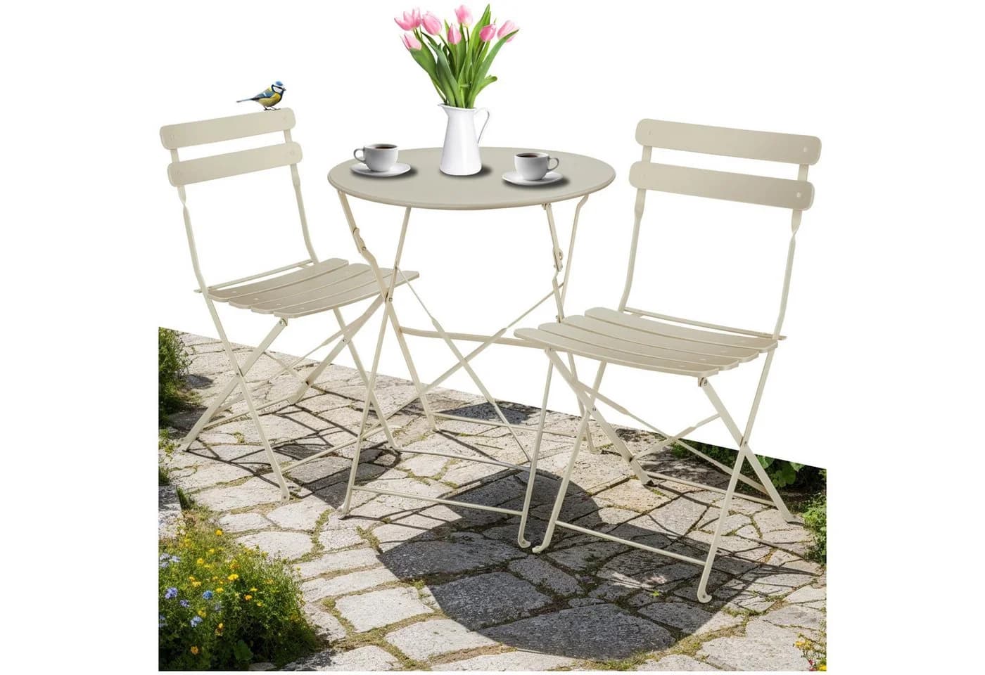 tectake Bistrotisch Set 3-tlg. Beige Klappbar Stahl - Bild 3