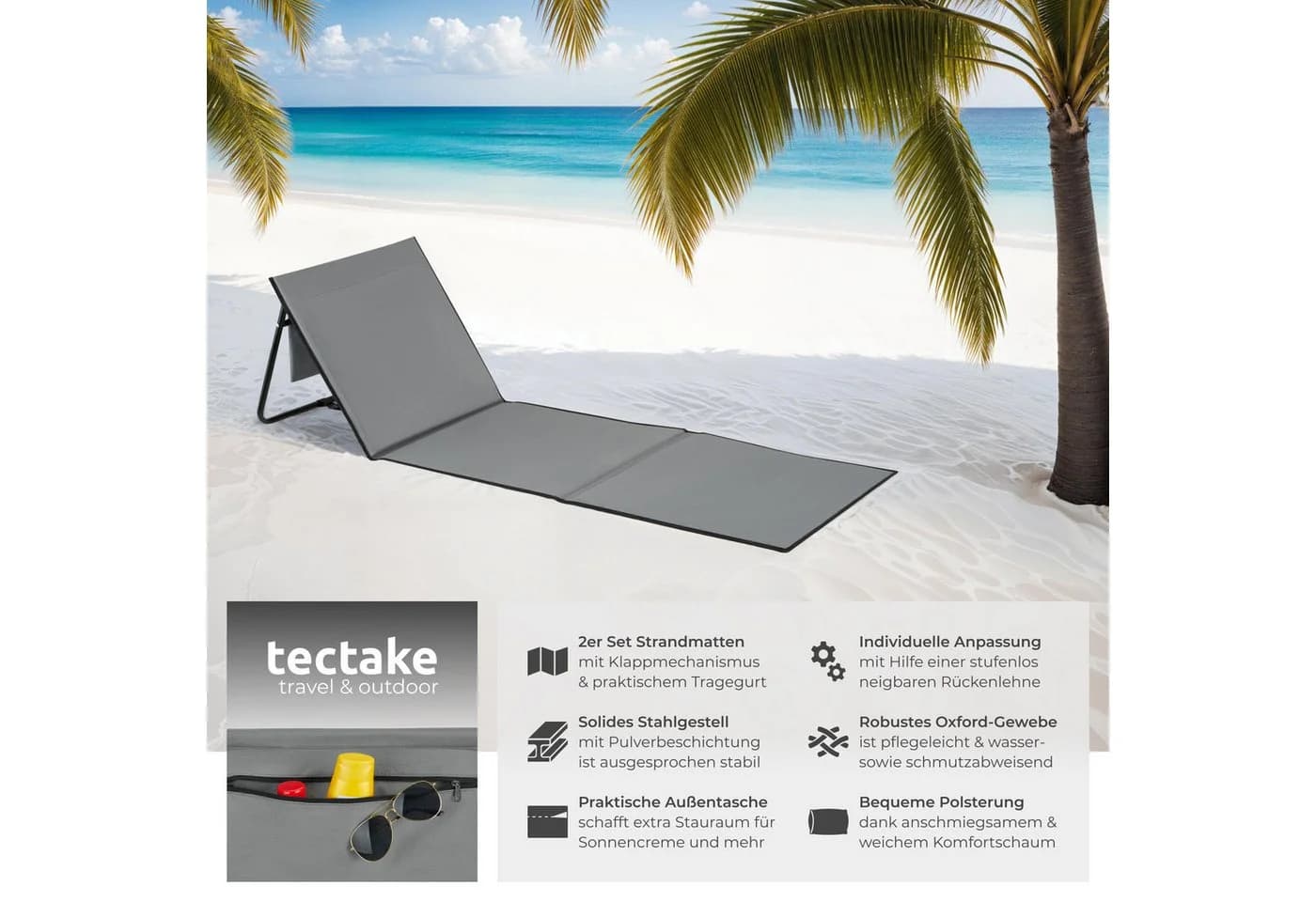 tectake Gartenliege Mina 2er Set Grau/Blau Klappbar