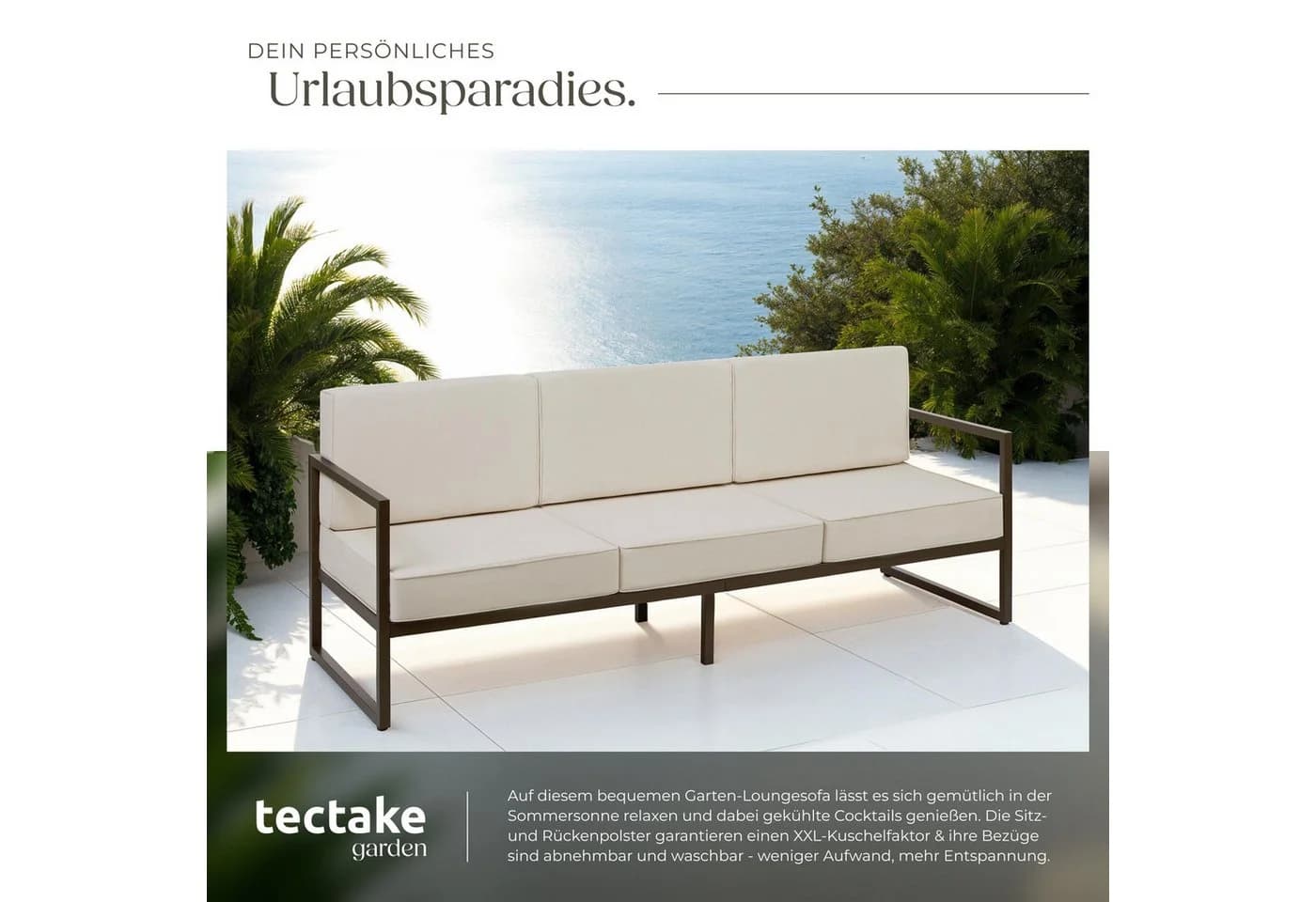 tectake Garten-Loungesofa 3-Sitzer Beige/Braun Pulverbeschichtetes Stahlgestell - Bild 5