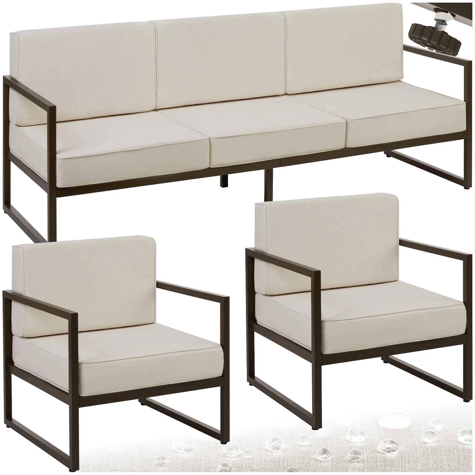 TECTAKE Garten-Loungeset 3-tlg. Beige/Braun Polyester Stahl