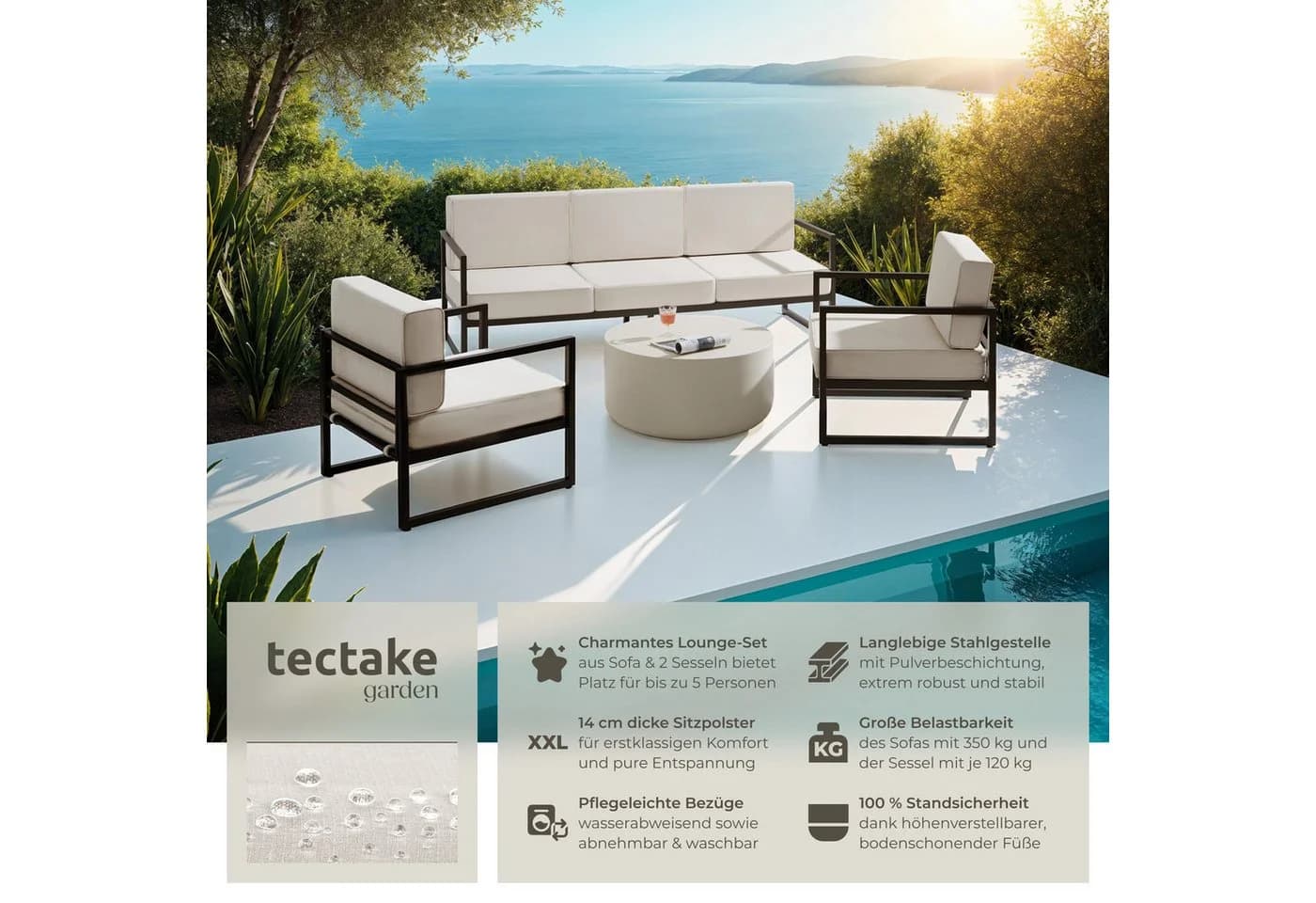 TECTAKE Garten-Loungeset 3-tlg. Beige/Braun Polyester Stahl - Bild 2