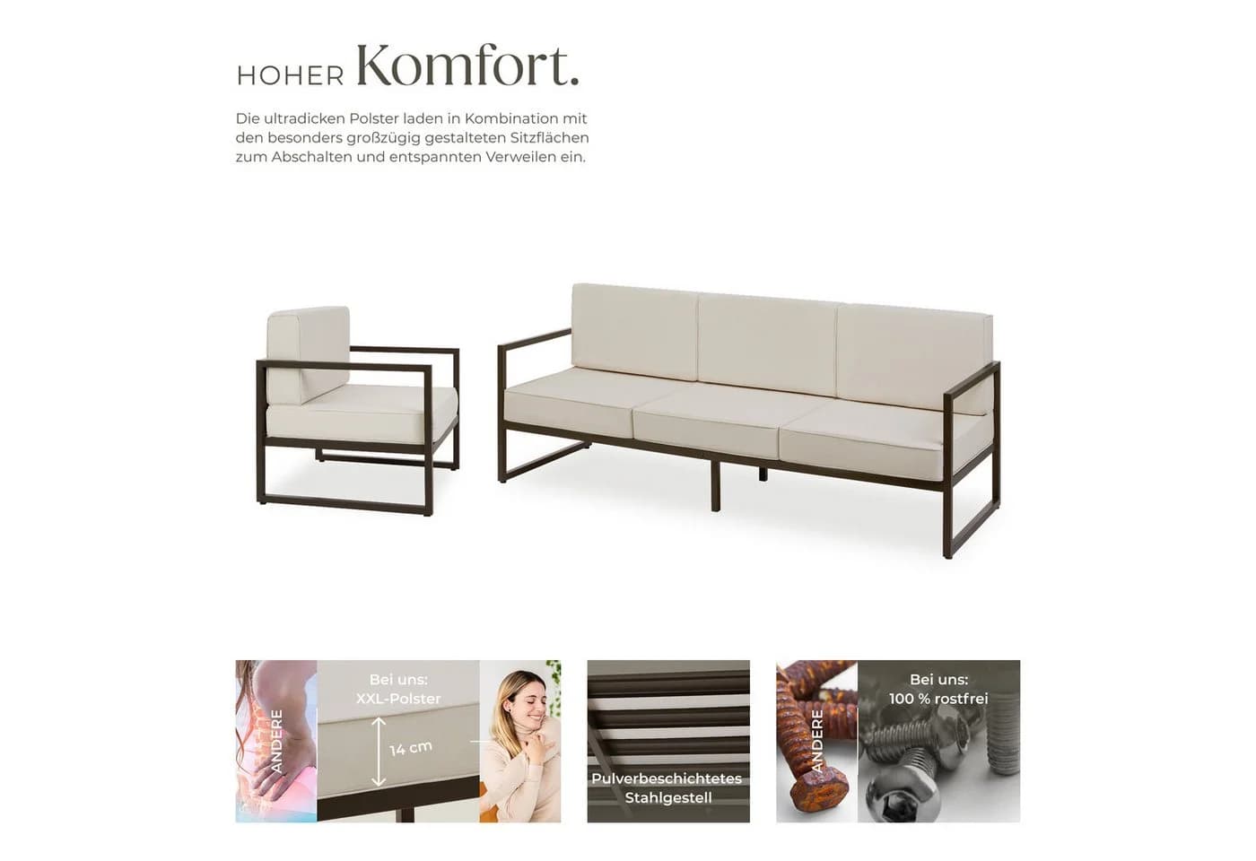 TECTAKE Garten-Loungeset 3-tlg. Beige/Braun Polyester Stahl - Bild 4