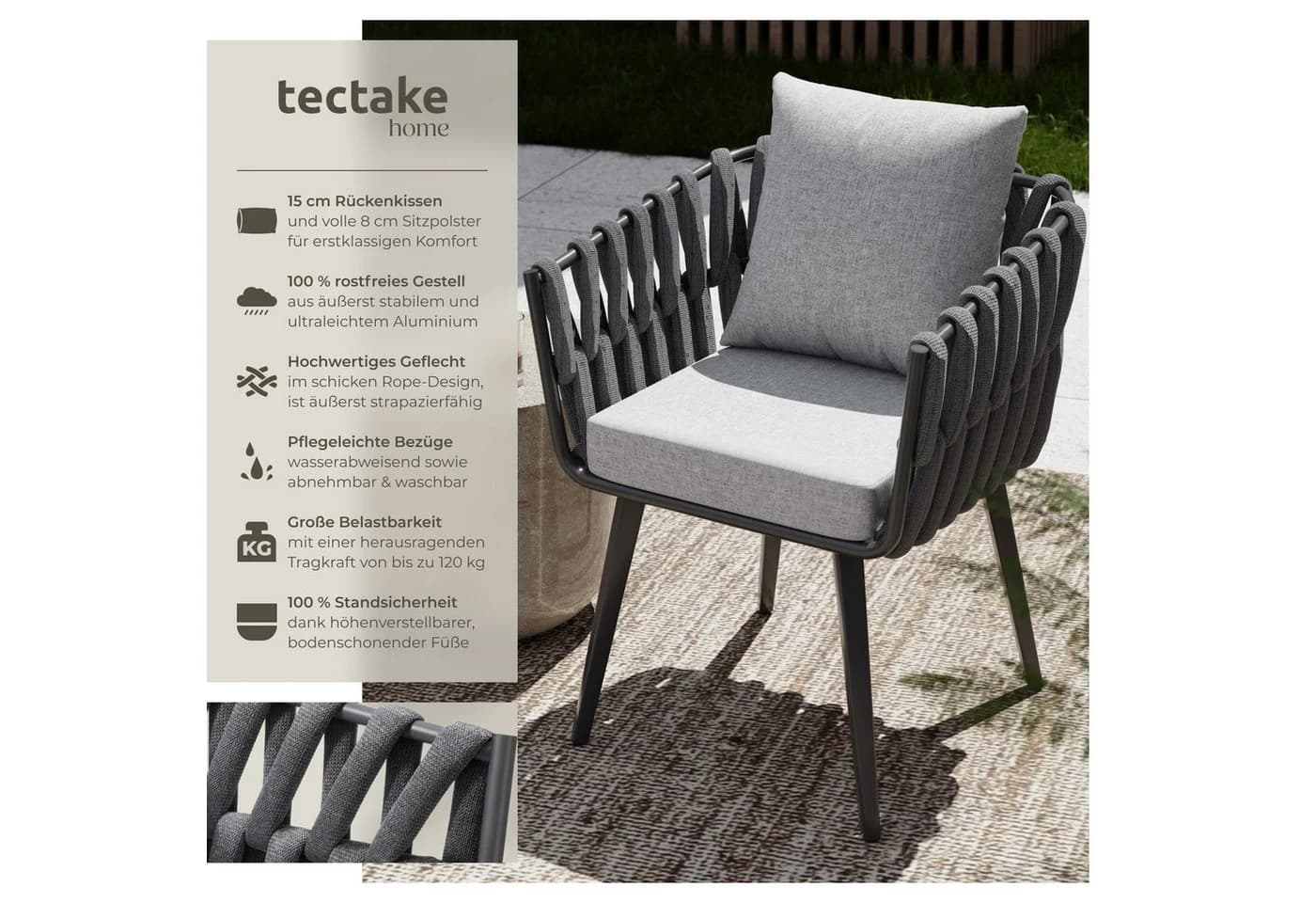 TECTAKE Gartenstuhl Balkonstuhl Rope-Design Grau 2er Set - Bild 2