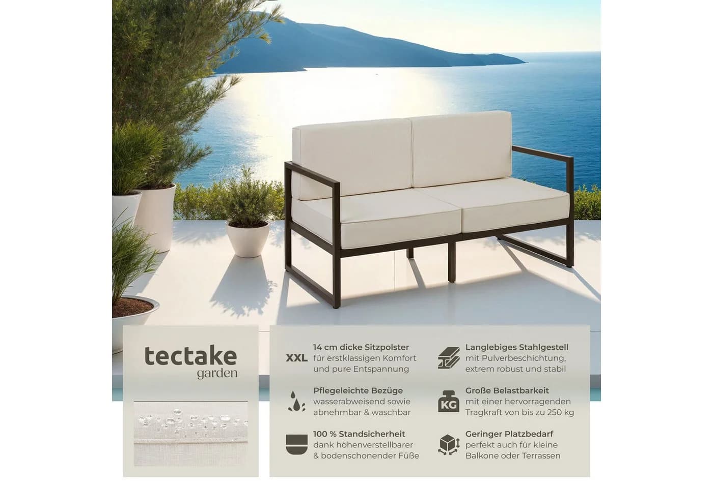 tectake Garten-Loungesofa 2-Sitzer Pulverbeschichtetes Stahlgestell - Bild 2