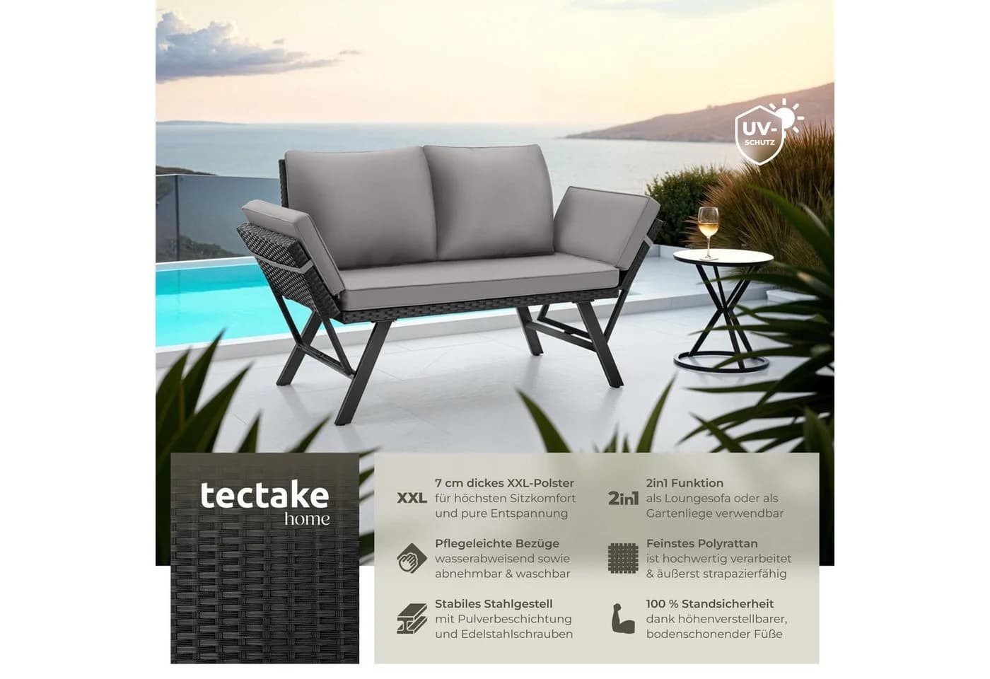 tectake Loungeset Sintra Rattan Gartenlounge Hellgrau/Schwarz - Bild 2