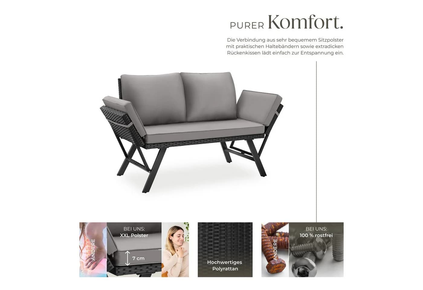tectake Loungeset Sintra Rattan Gartenlounge Hellgrau/Schwarz - Bild 4