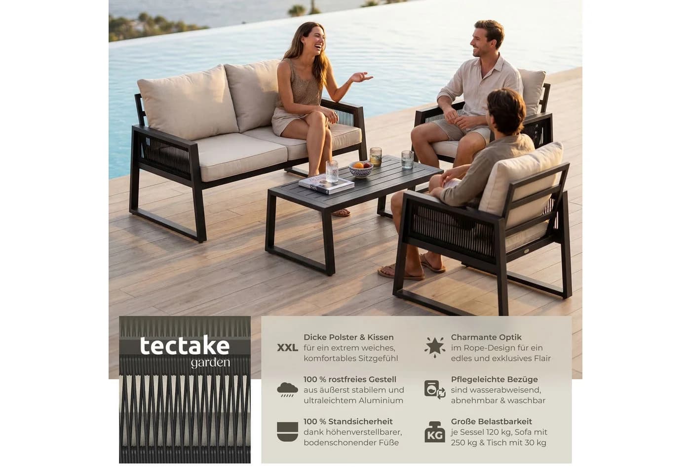 tectake Gartenlounge-Set 4-tlg. Grau Rope-Design Aluminium