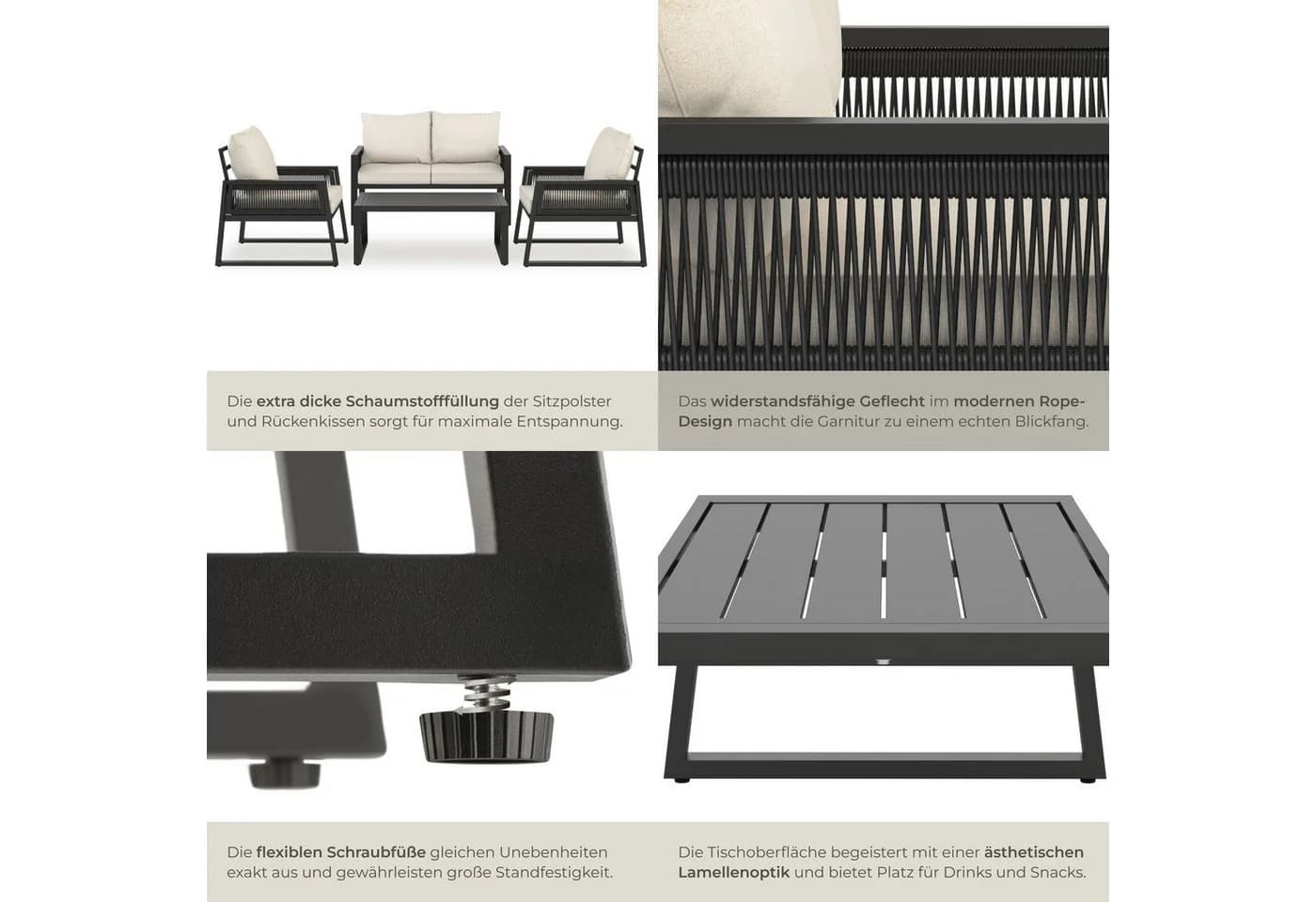 tectake Gartenlounge-Set 4-tlg. Grau Rope-Design Aluminium - Bild 5