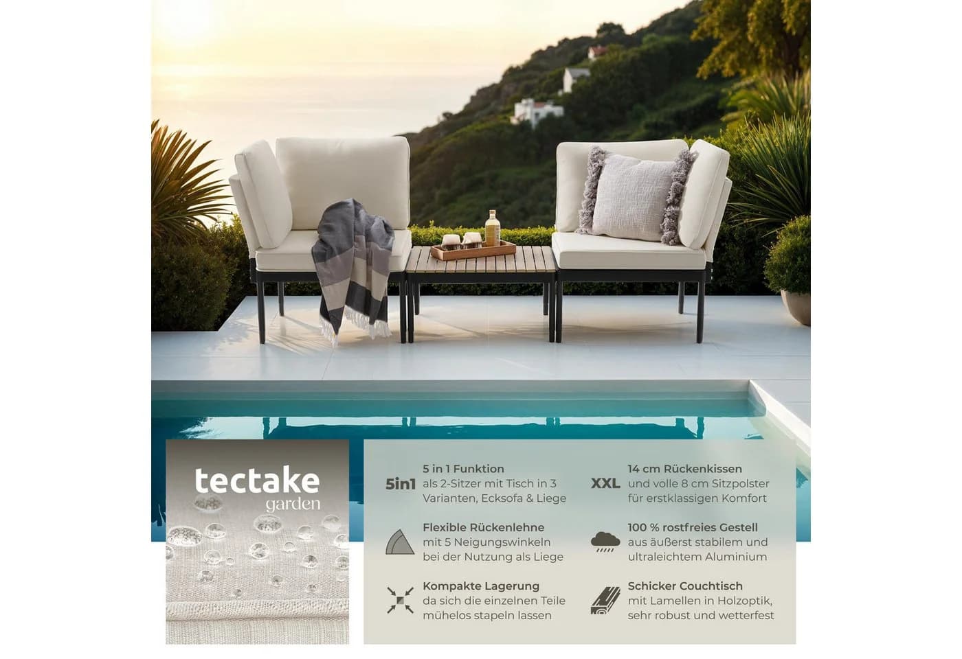 tectake Gartenlounge-Set 3-tlg. Aluminium Grau mit verstellbarer Lehne - Bild 2