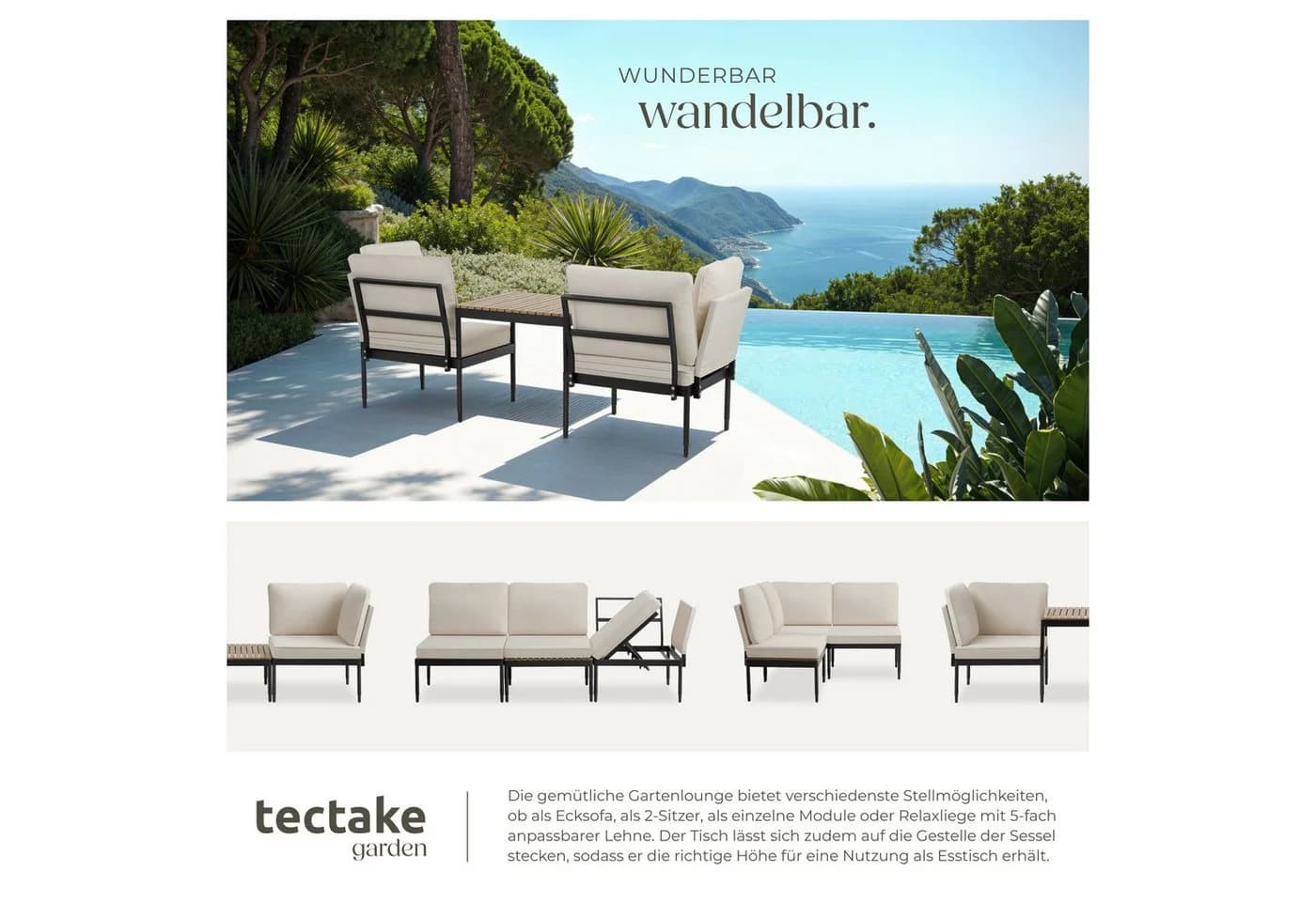 tectake Gartenlounge-Set 3-tlg. Aluminium Grau mit verstellbarer Lehne - Bild 5