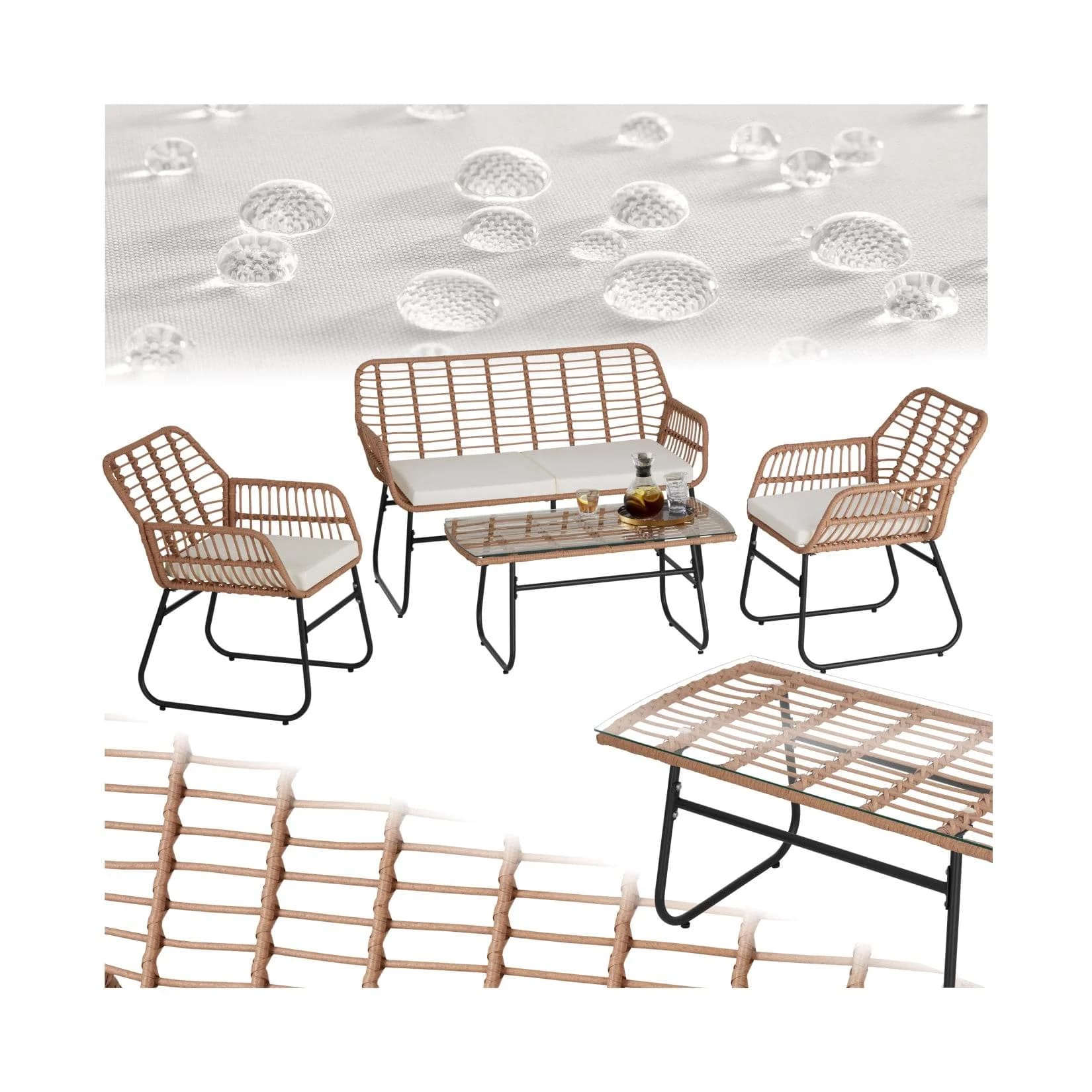 TECTAKE Rattanlounge Molfetta XL 4-tlg. Sitzgruppe Beige mit Glasplatte