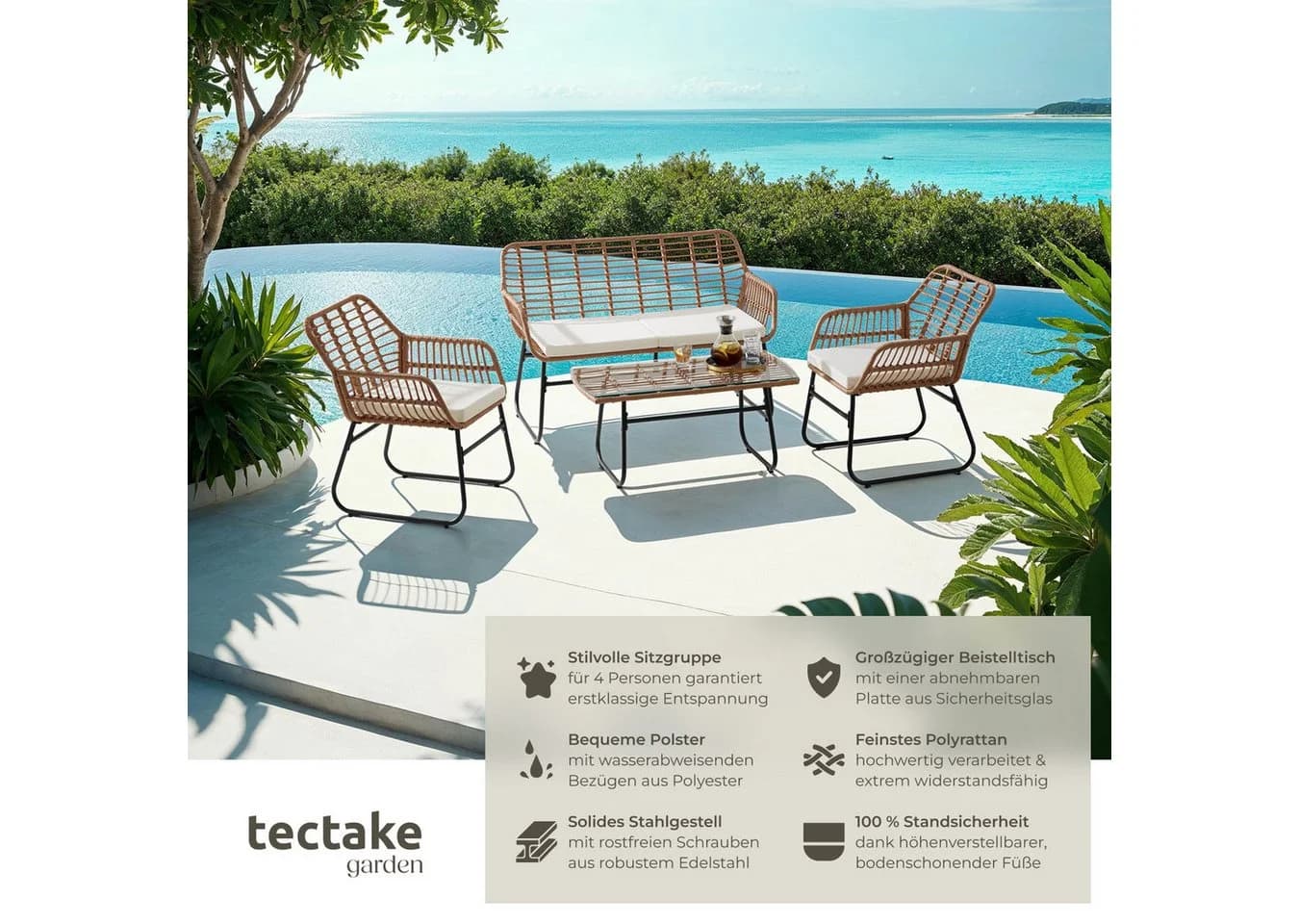 TECTAKE Rattanlounge Molfetta XL 4-tlg. Sitzgruppe Beige mit Glasplatte - Bild 2
