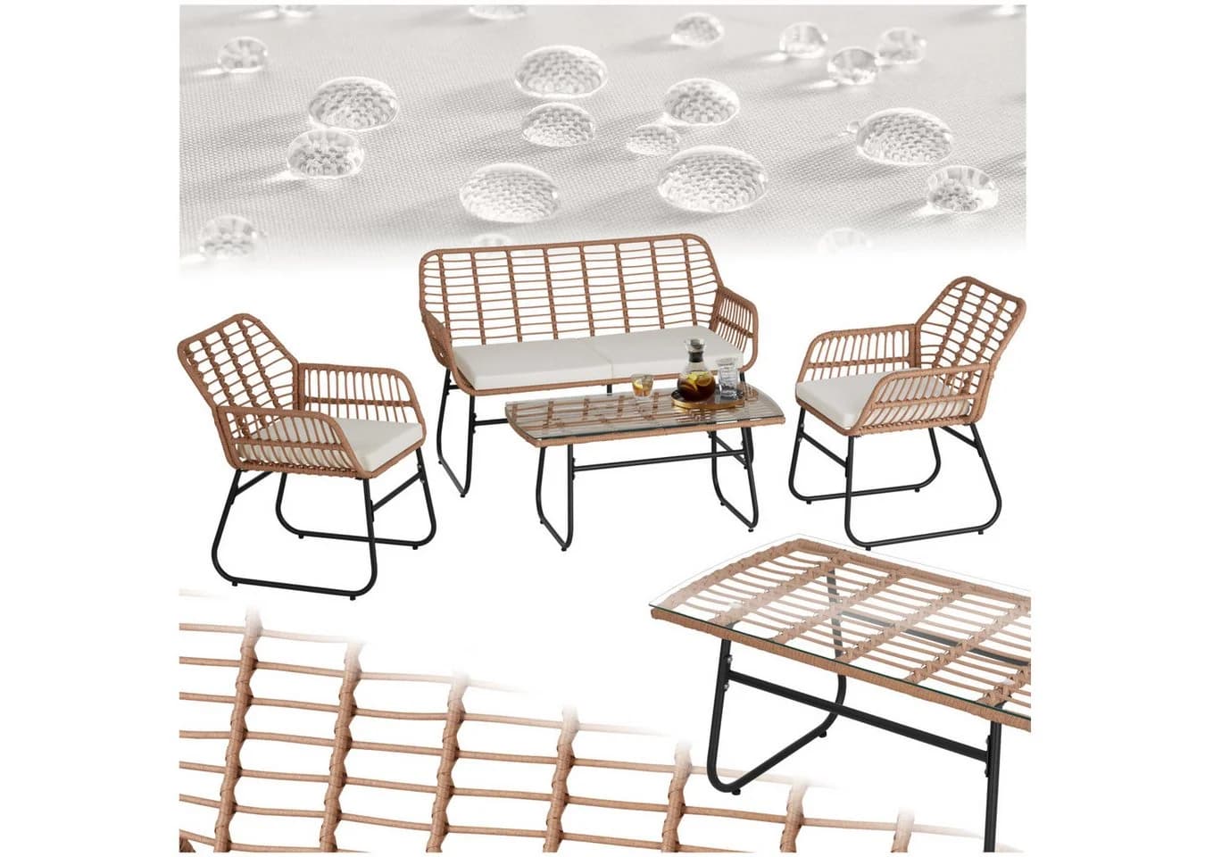 TECTAKE Rattanlounge Molfetta XL 4-tlg. Sitzgruppe Beige mit Glasplatte - Bild 3