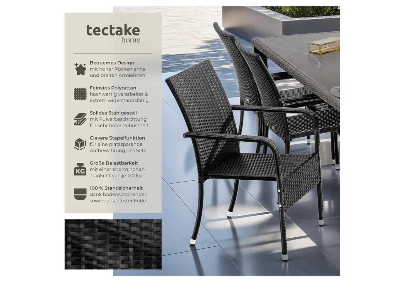tectake Rattanstuhl Girona Set 4 Stk Stapelbar Stahl Polyethylen - Bild 2