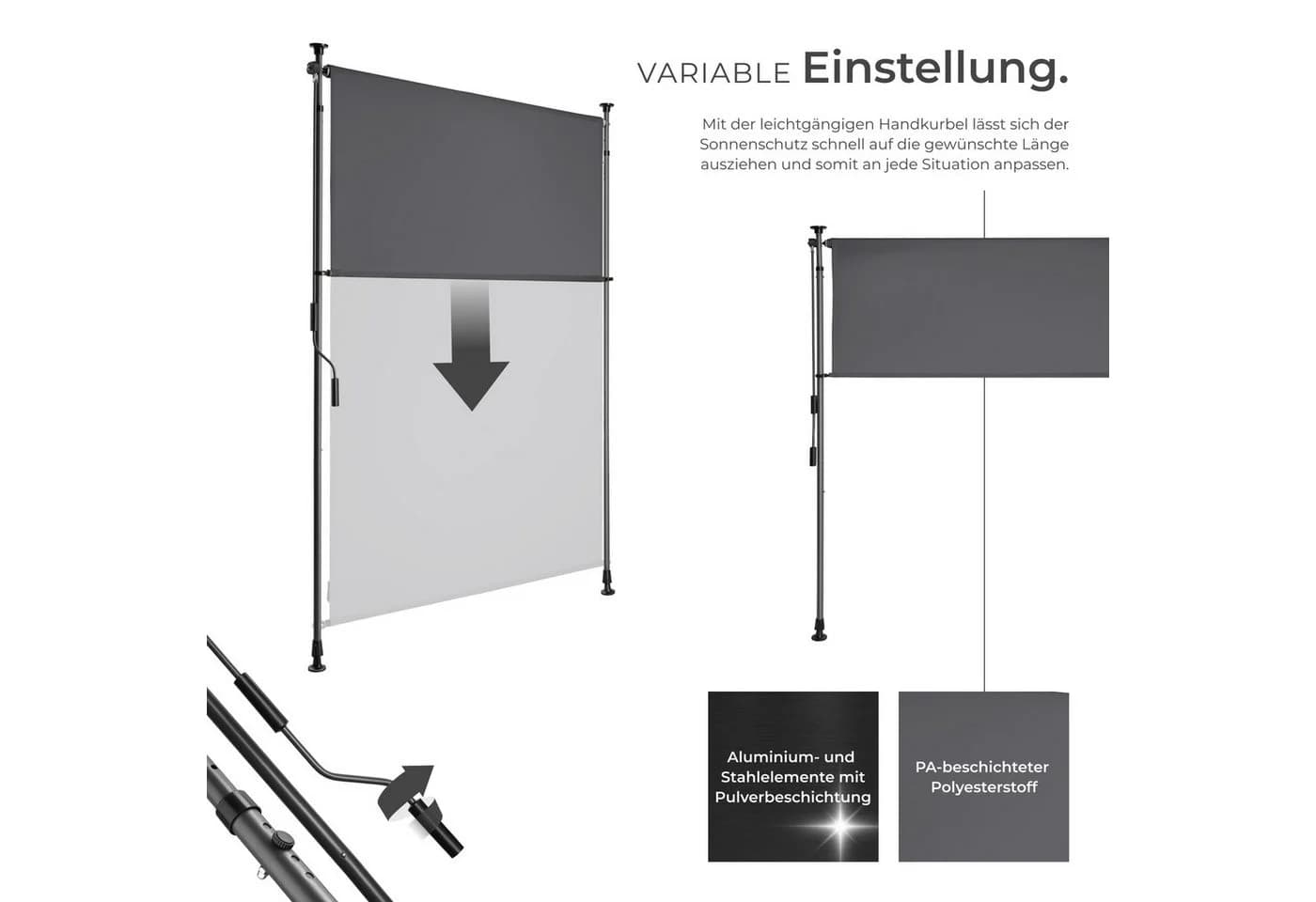 tectake Klemmmarkise Taija mit Handkurbel Dunkelgrau UV-beständig - Bild 4